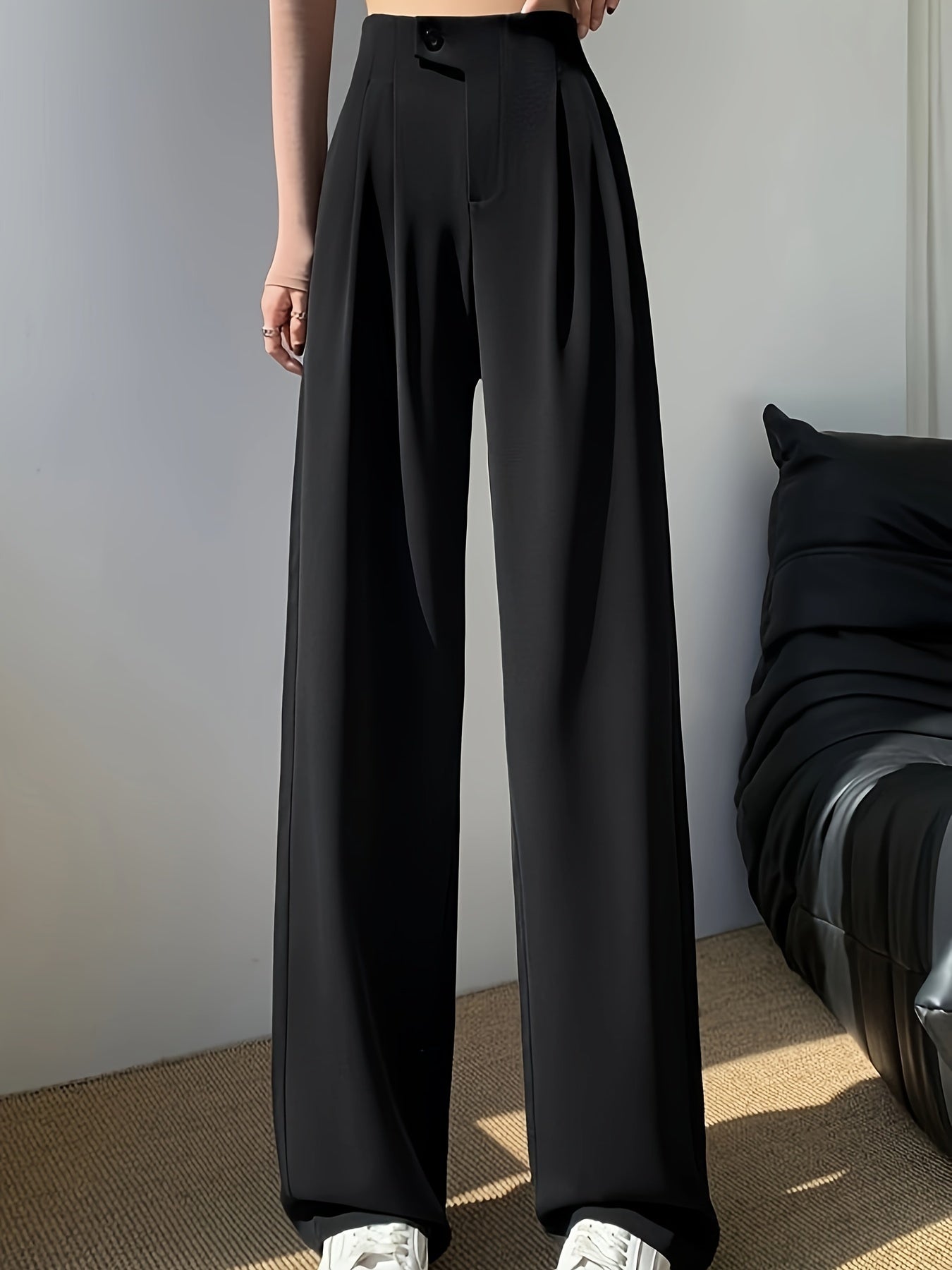 vlovelaw Solid High Waist Pants, Casual Wide Leg Button Pants, Women's Clothing