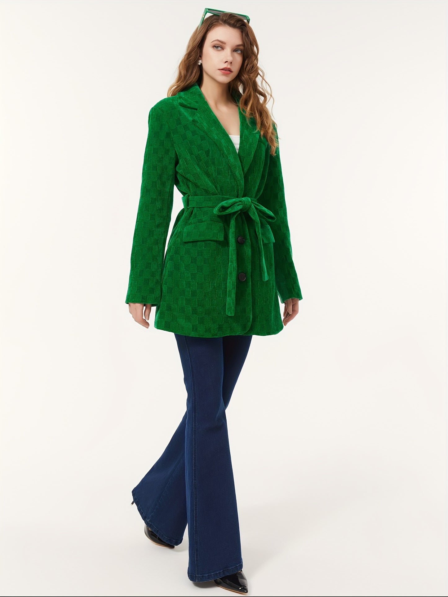 Solid Button Down Belted Blazer, Casual Long Sleeve Lapel Blazer For Fall & Winter, Women's Clothing