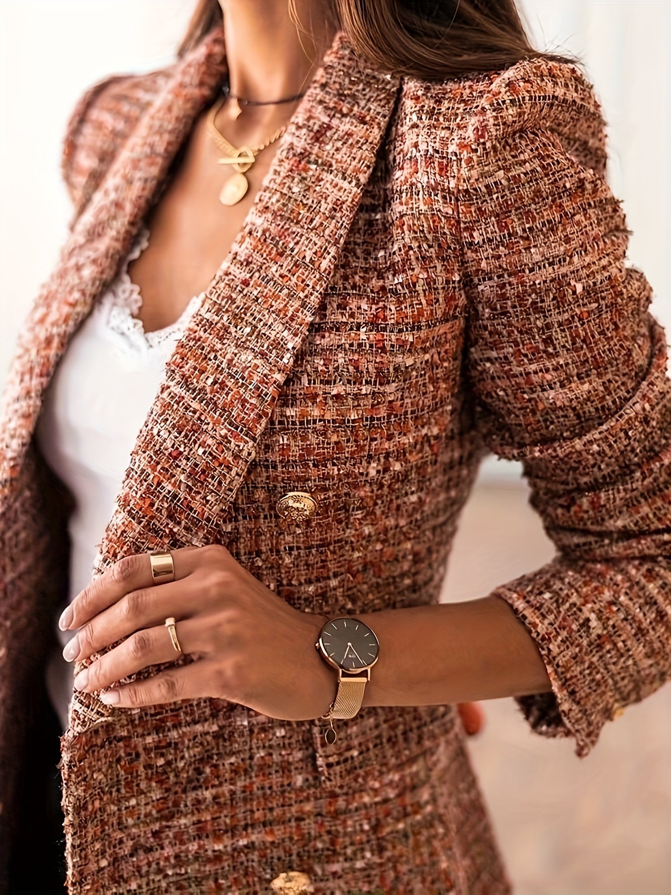 Plus Size Elegant Coat, Women's Plus Tweed Button Decor Long Sleeve Lapel Collar Slim Fit Coat