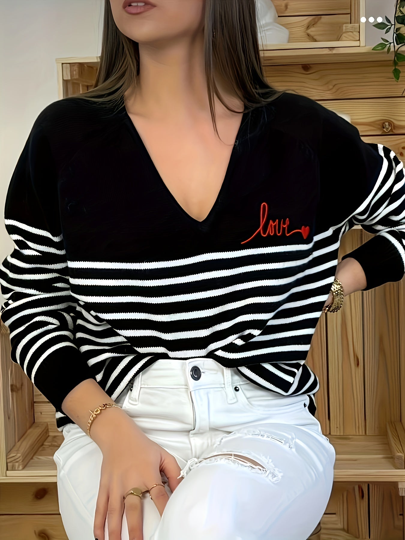 Striped V Neck Pullover Sweater, Casual Long Sleeve Sweater For Spring & Fall, Women's Clothing