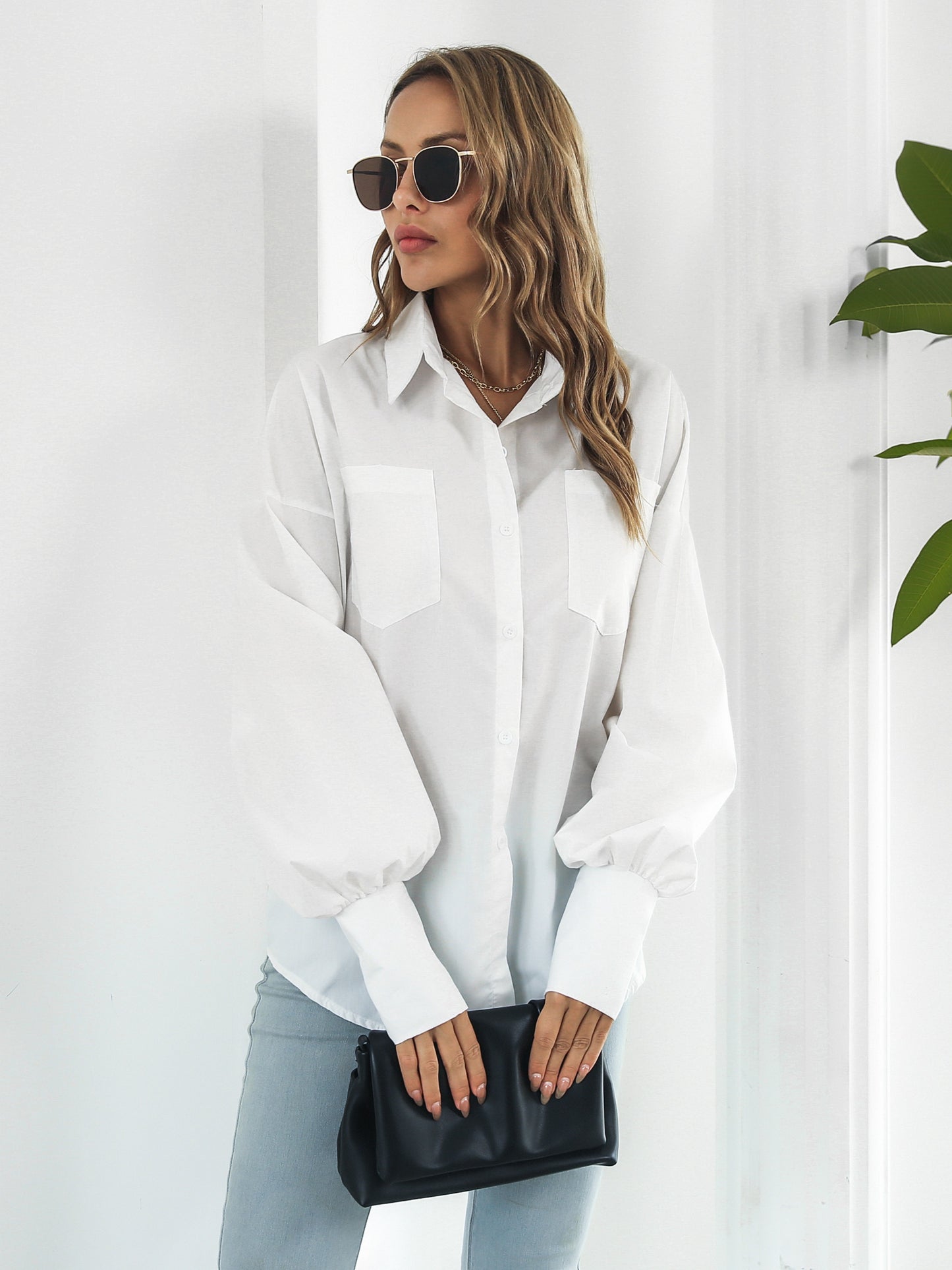 Women's Blouse Women Streetwear Button-down Shirt Irregular Long Sleeve Lapel Blouse With Pockets Autumn Loose Blouse