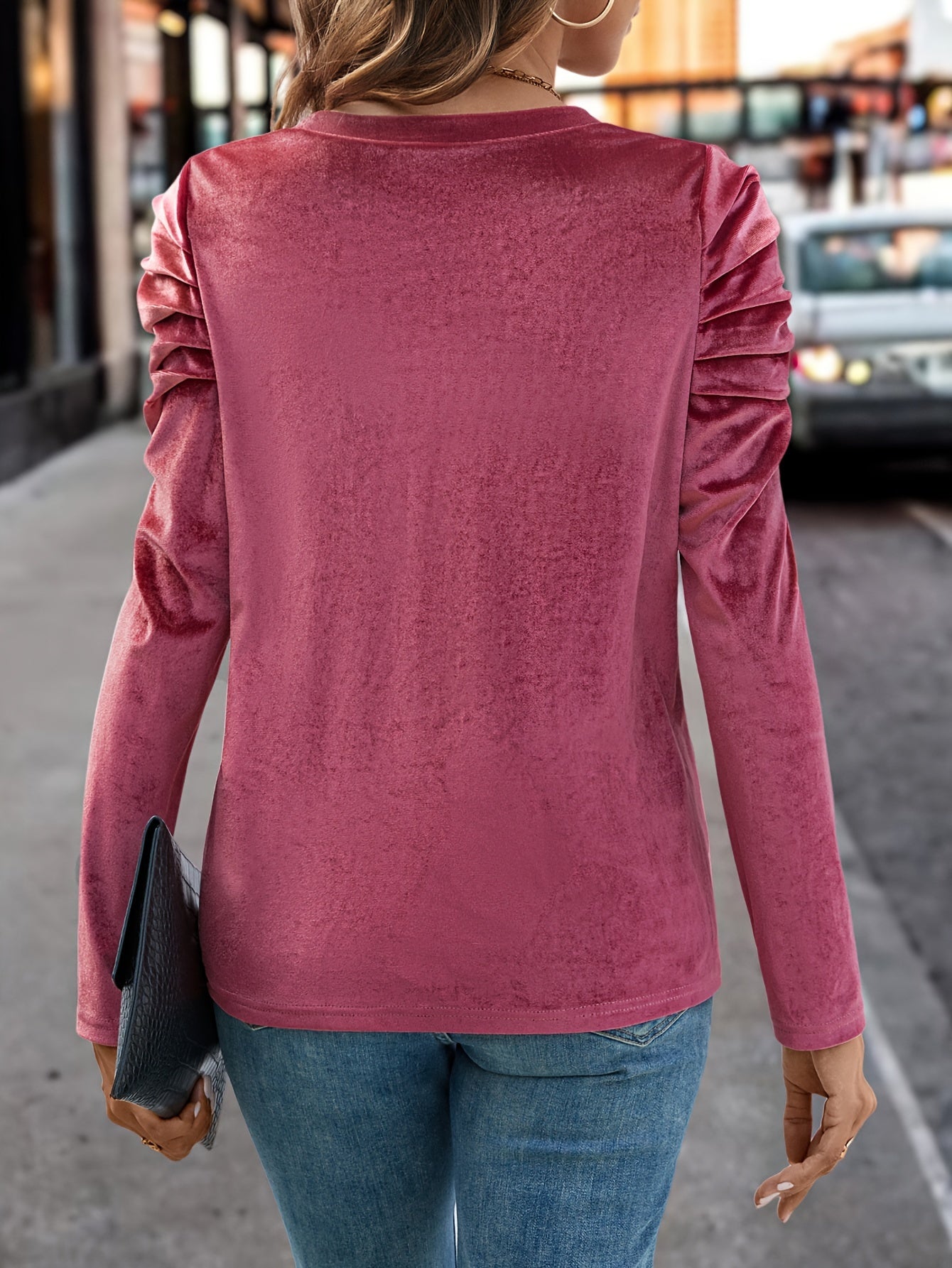 Solid Velvet Crew Neck Blouse, Casual Long Puff Sleeve Blouse For Spring & Fall, Women's Clothing