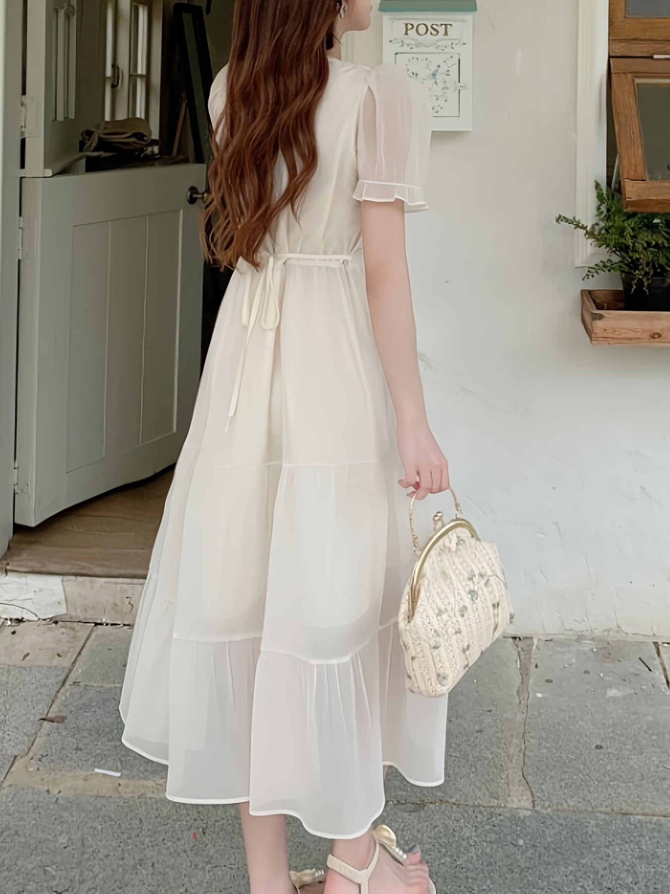 vlovelaw Mesh Overlay Puff Sleeve Dress, Elegant V-neck A-line Dress For Spring & Summer, Women's Clothing