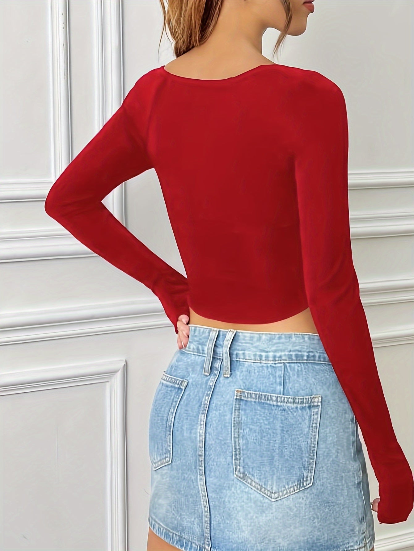 Solid Color Square Neck T-Shirt, Y2K Long Sleeve Asymmetrical Hem T-Shirt For Every Day, Women's Clothing