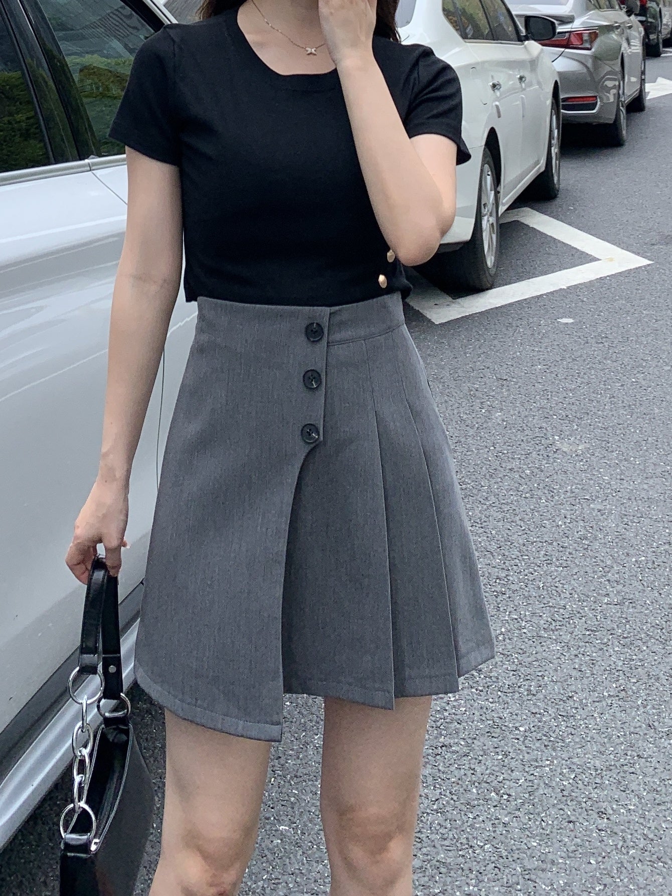 Preppy Button Front Pleated Hem Skirt, Casual Above Knee Skirt For Spring & Summer, Women's Clothing