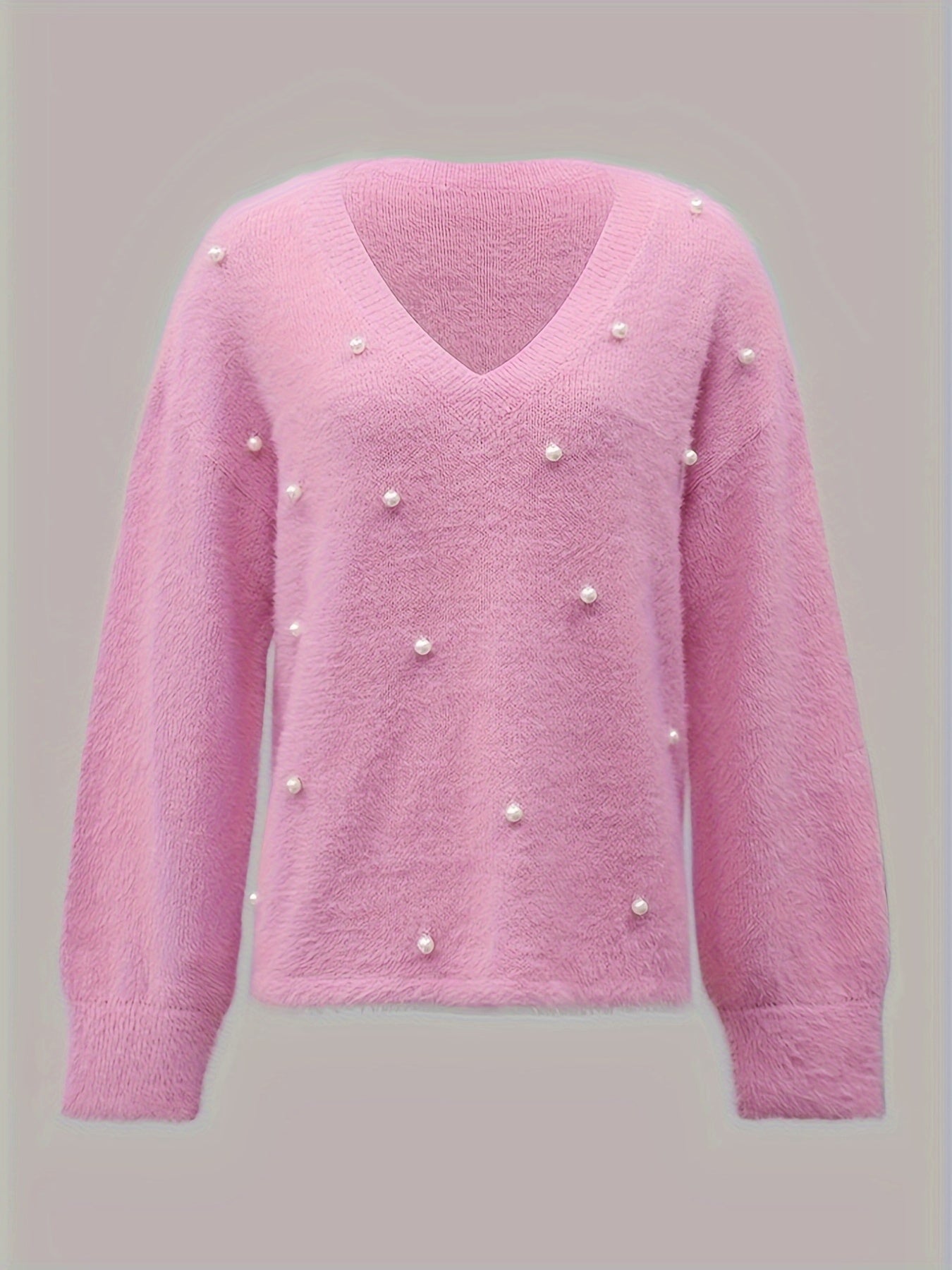Rhinestone V Neck Fuzzy Sweater, Casual Long Sleeve Loose Sweater, Women's Clothing