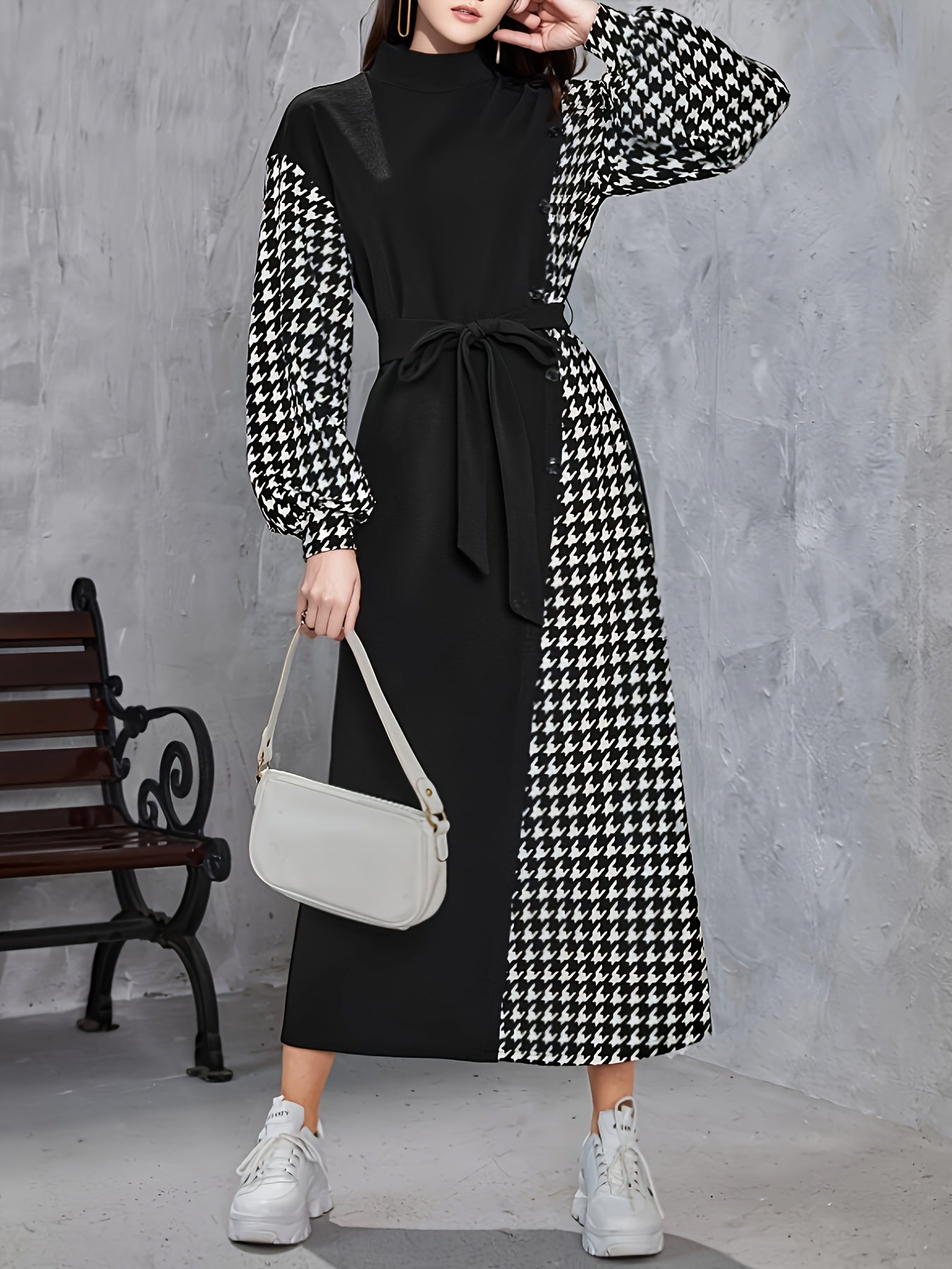vlovelaw Houndstooth Print Splicing Mock Neck Dress, Casual Cinched Waist Long Sleeve Belted Dress, Women's Clothing