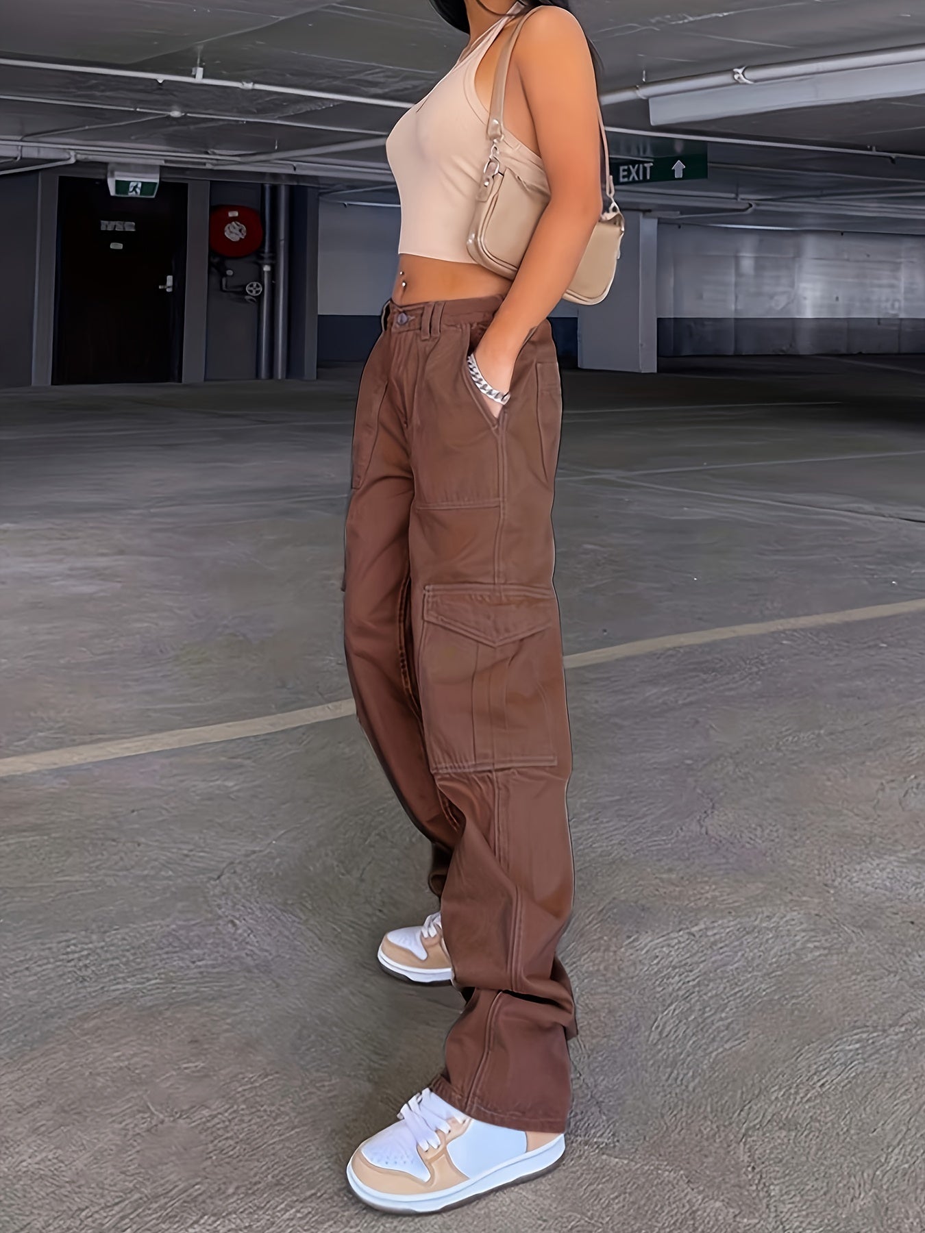 Loose Fit High Waist Cargo Pants, Wide Legs High Rise Flap Pockets Non-Stretch Straight Legs Denim Pants, Y2K Kpop Vintage Style, Women's Denim Jeans & Clothing