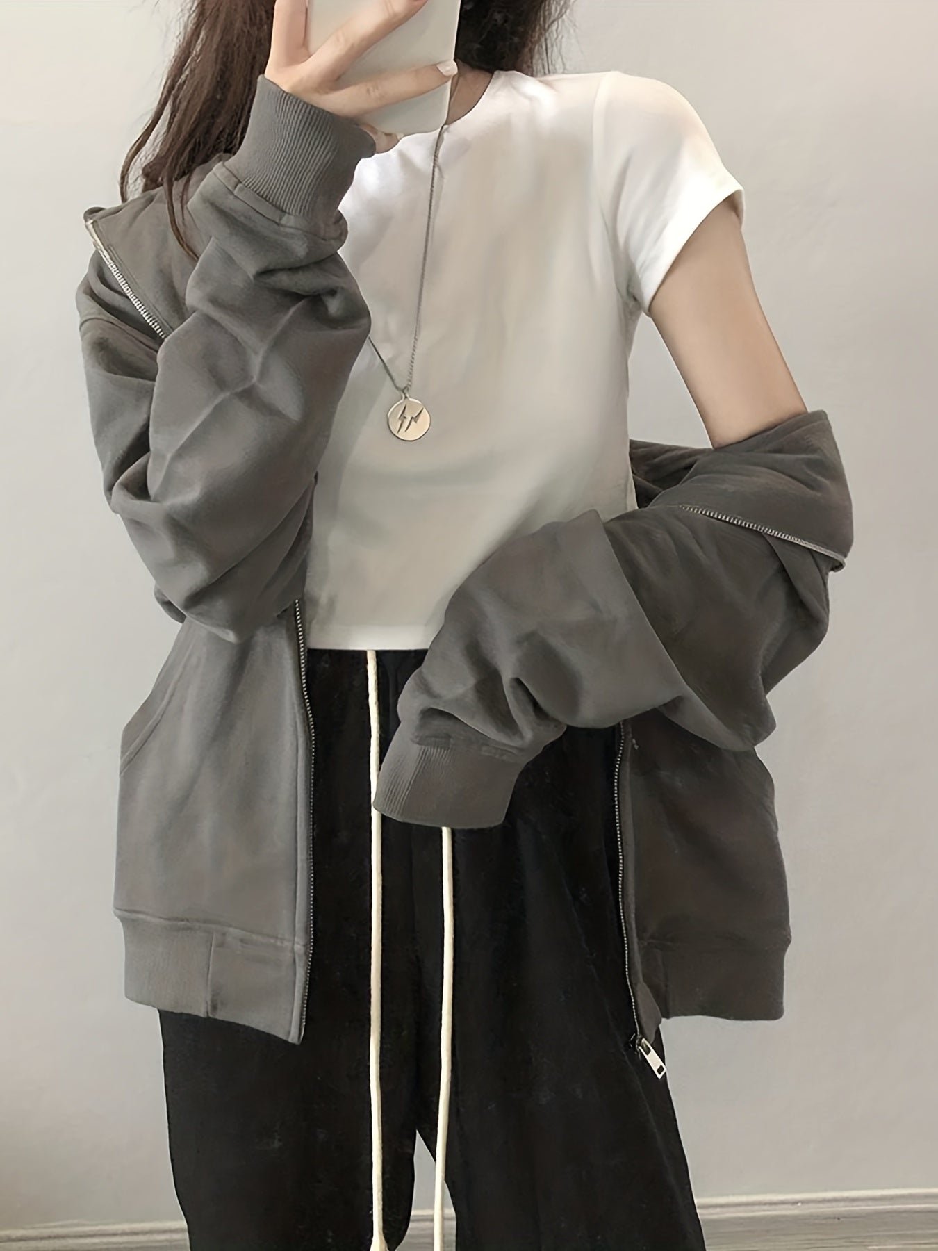 Solid Oversized Zip Up Sweatshirt, Drop Shoulder Drawstring Long Sleeve Pullover Hoodie, Women's Clothing