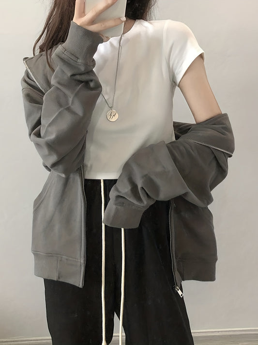 Solid Oversized Zip Up Sweatshirt, Drop Shoulder Drawstring Long Sleeve Pullover Hoodie, Women's Clothing