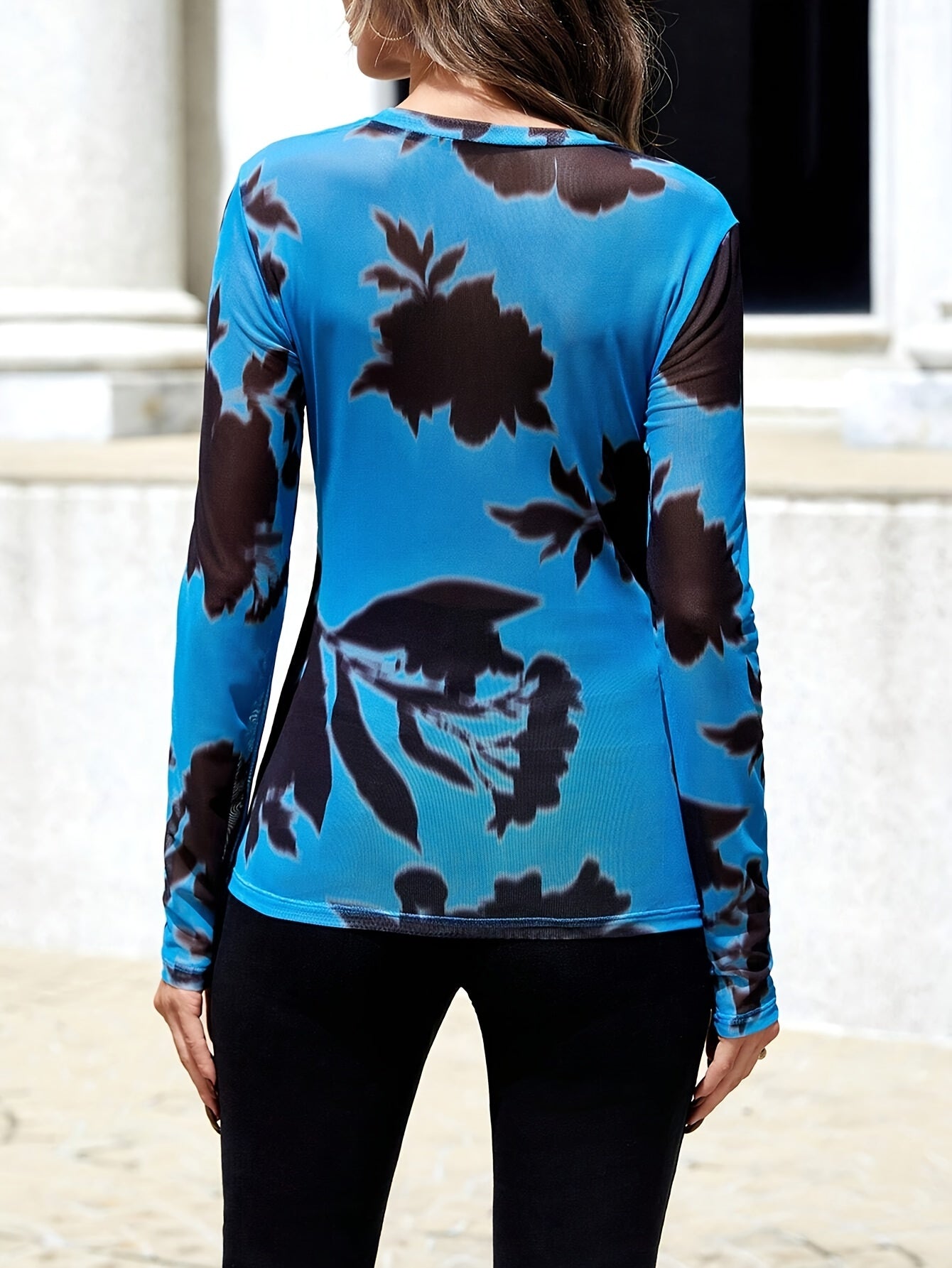 vlovelaw Floral Print Cross Front Slim T-shirt, Elegant Long Sleeve Top For Spring & Fall, Women's Clothing