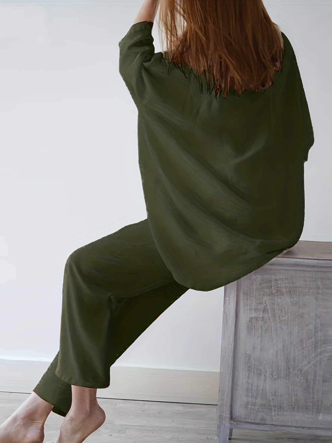vlovelaw Solid Casual Two-piece Set, Long Sleeve Crew Neck Loose Tops & Wide Leg Pants Outfits, Women's Clothing