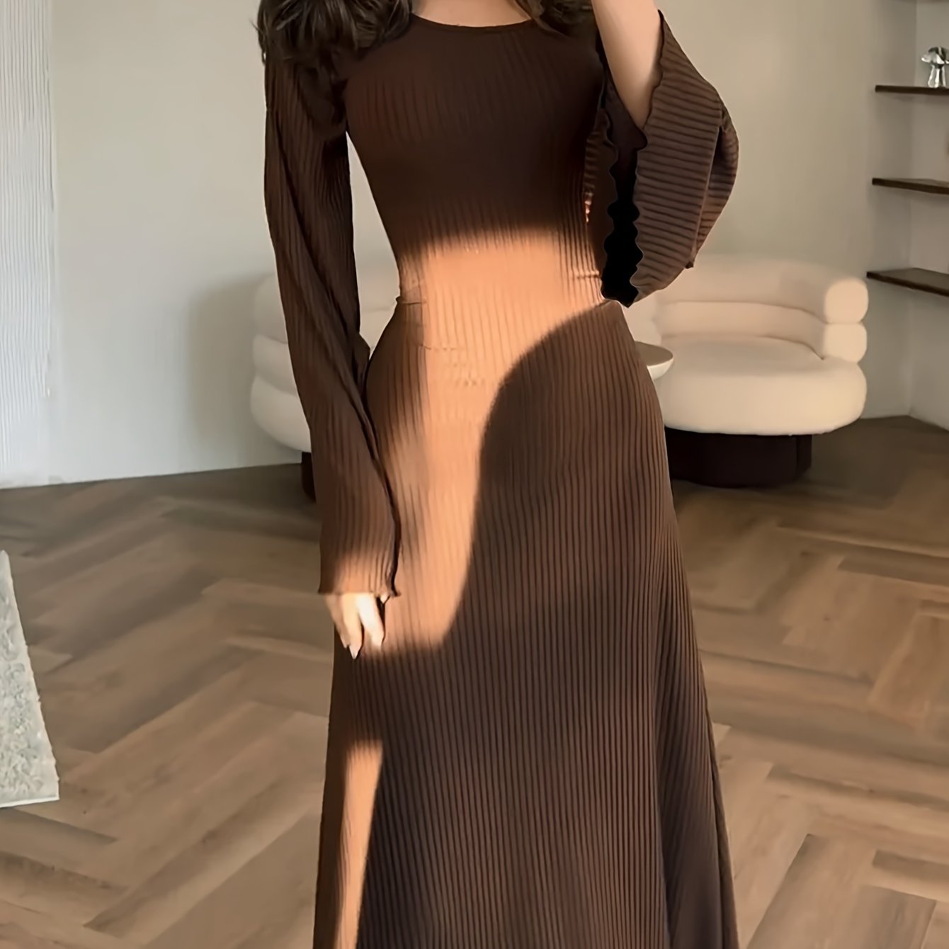 vlovelaw Plus Size Basic Dress, Women's Plus Solid Ribbed Bell Sleeve Round Neck Slight Stretch Dress