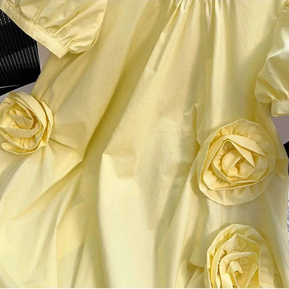 2-14 Years Summer Teen-agers Girls Solid Color Flower Decoration Party Dress For Kids Children Birthday Present L2405