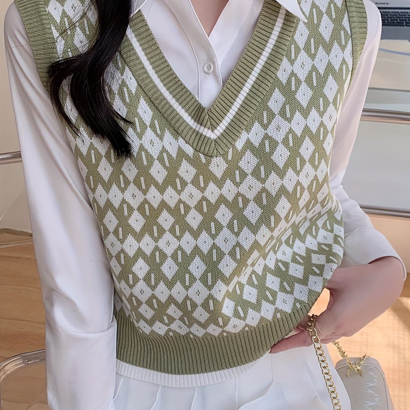 vlovelaw Allover Pattern V Neck Knitted Vest, Vintage Sleeveless Sweater For Spring & Fall, Women's Clothing