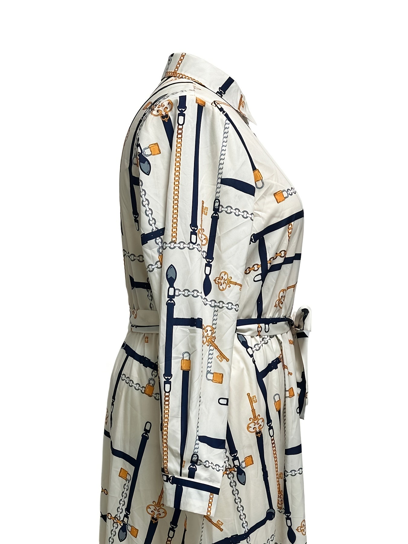 Plus Size Elegant Dress, Women's Plus Chain Print Long Sleeve Button Up Lapel Collar Maxi Shirt Dress With Belt