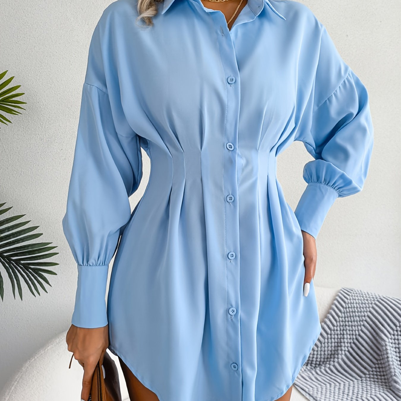 Lantern Sleeve Pleated Waist Dress, Casual Shirt Dress For Spring & Fall, Women's Clothing