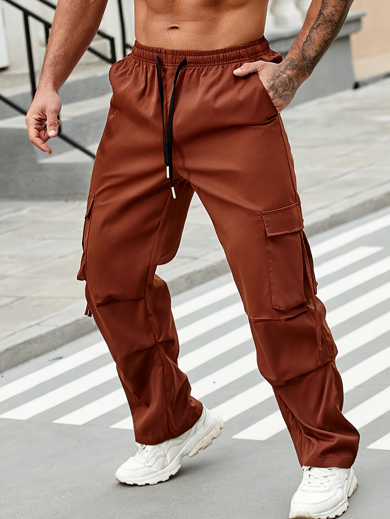 vlovelaw Solid Men's Chic Daily Cargo Pants With Big Pockets And Drawstring, All Seasons Outdoor Pants
