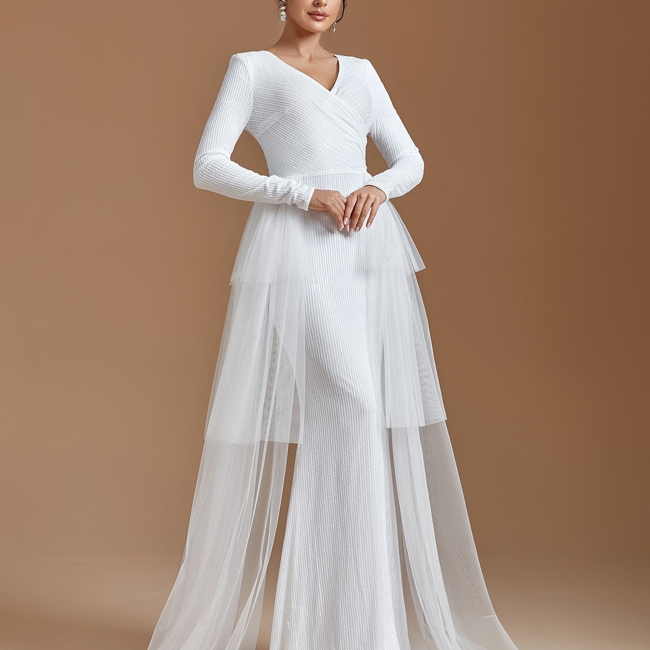 vlovelaw Mesh Panel Sequin Tiered Dress, Long Sleeve V Neck Mermaid Wedding Dress, Women's Clothing