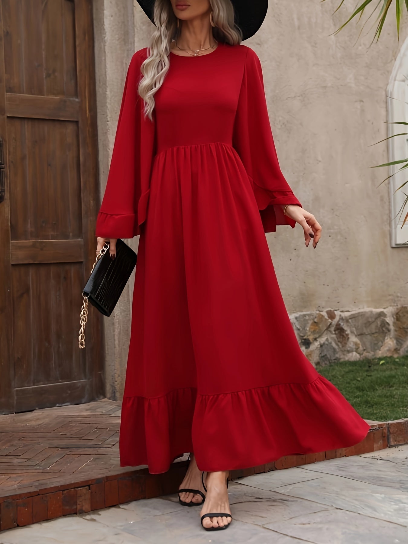 Solid Crew Neck Batwing Sleeve Dress, Cinched Waist Ruffle Hem A-line Dress, Women's Clothing