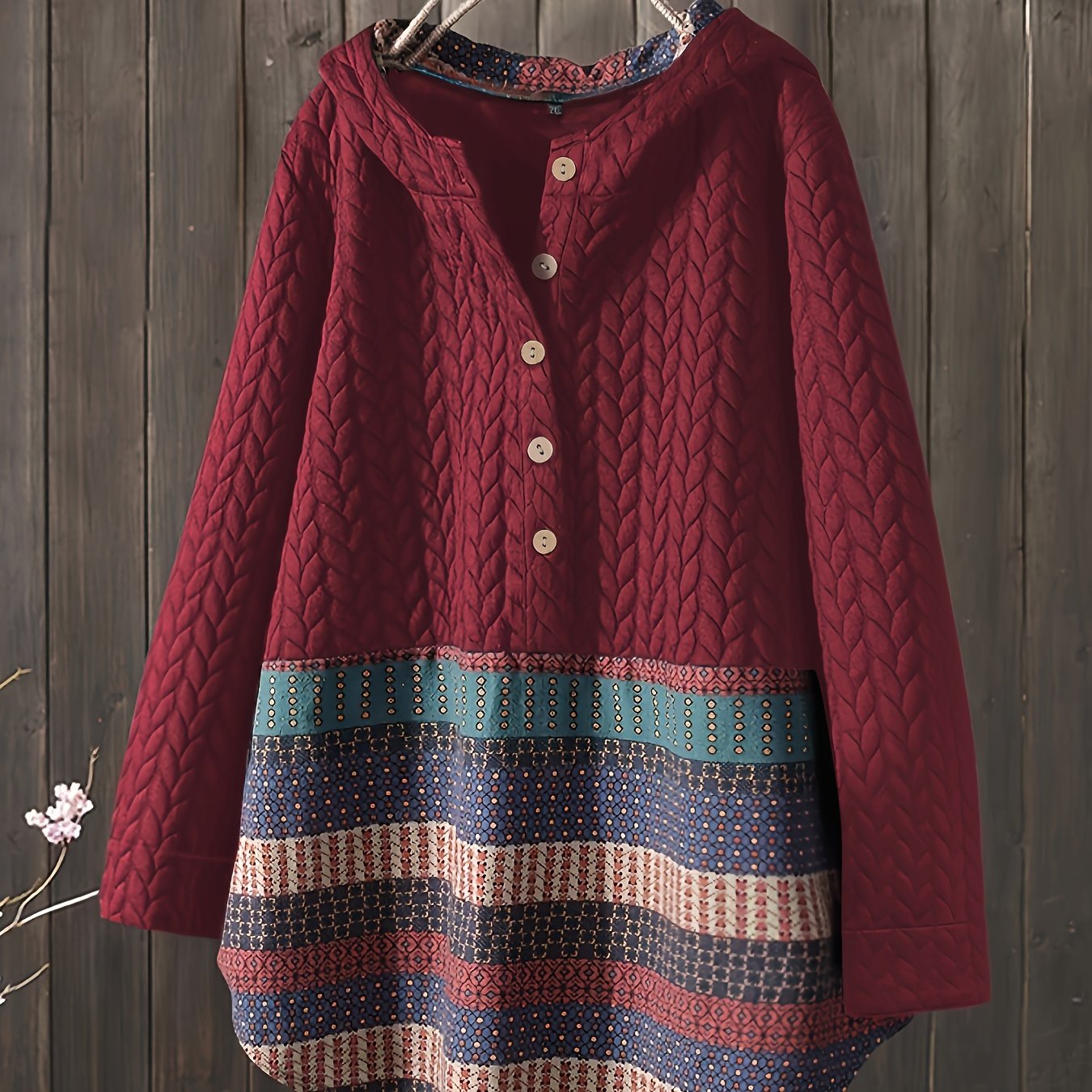 vlovelaw Tribal Print Long Sleeve Hooded Padded Jacket, Casual Button Front Loose Hem Outerwear, Women's Clothing