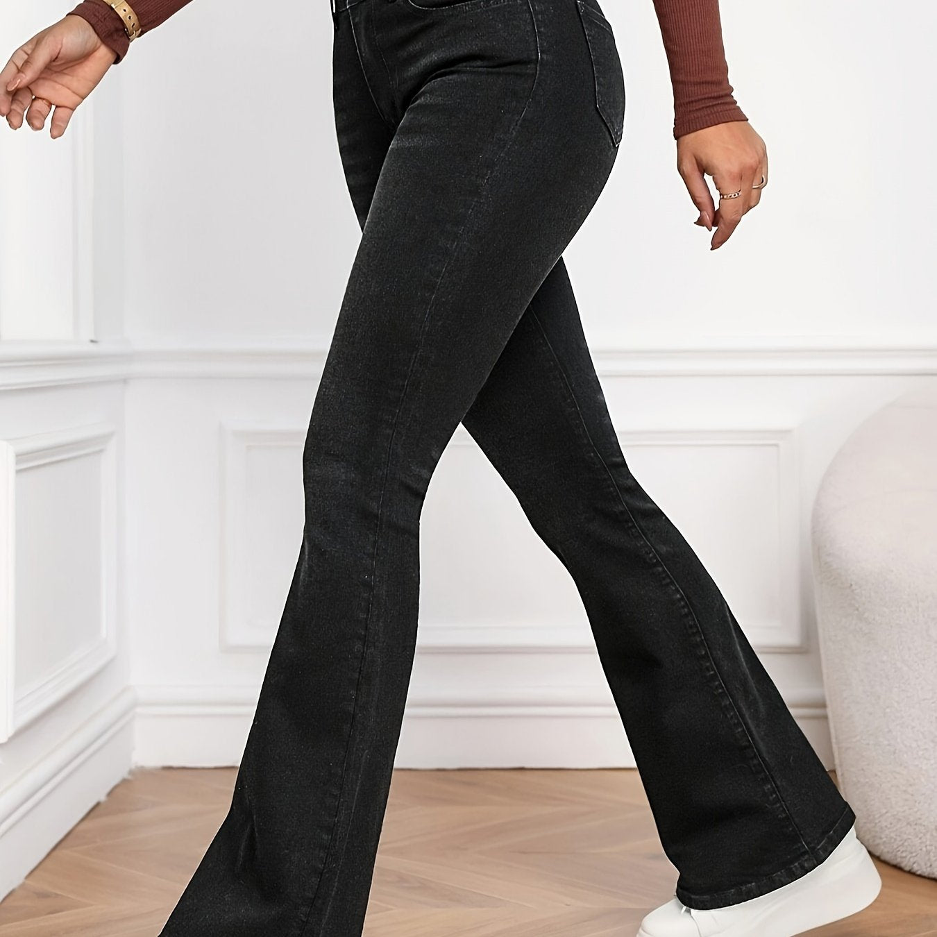 vlovelaw Plain Slant Pockets Bootcut Jeans, Mid-Stretch Casual Denim Pants, Women's Denim Jeans & Clothing