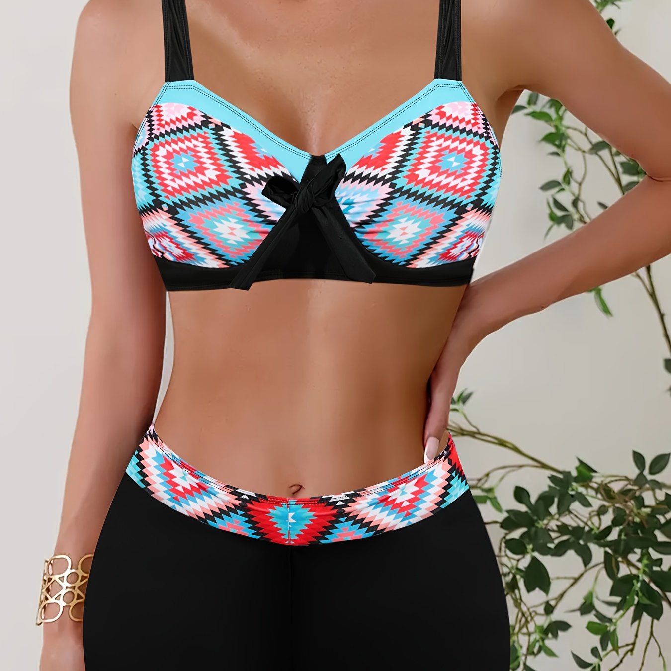 vlovelaw Random Print Bikini Sets, V Neck Contrast Trim Bow Tie Front High Waist Boxer Short Bottom Two Pieces Swimsuit, Women's Swimwear & Clothing