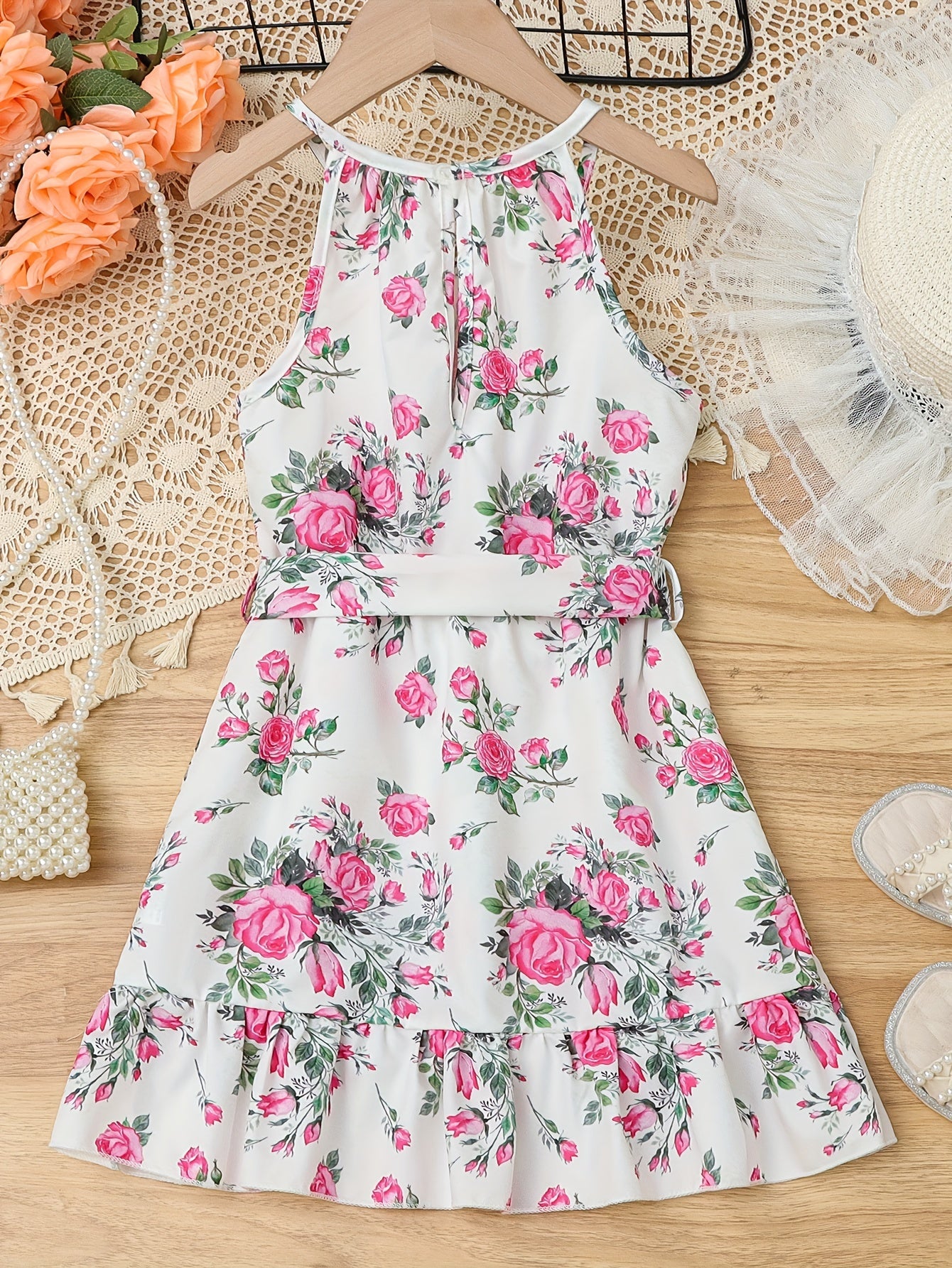 Adorable Vintage-Inspired Girls Floral Halter Dress - Flowy & Breathable for Summer Holidays, Perfect Festive Party Wear & Gift Idea