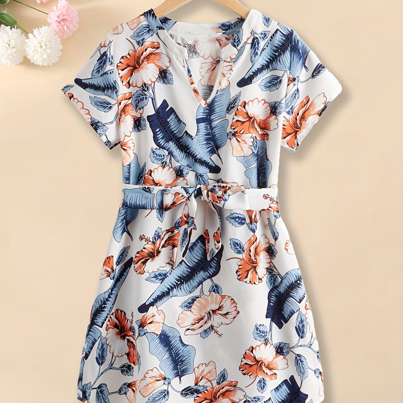 vlovelaw Girls Geometric Graphics Batwing Sleeve Curved Hem Casual Belted Dress Kids Summer Clothes