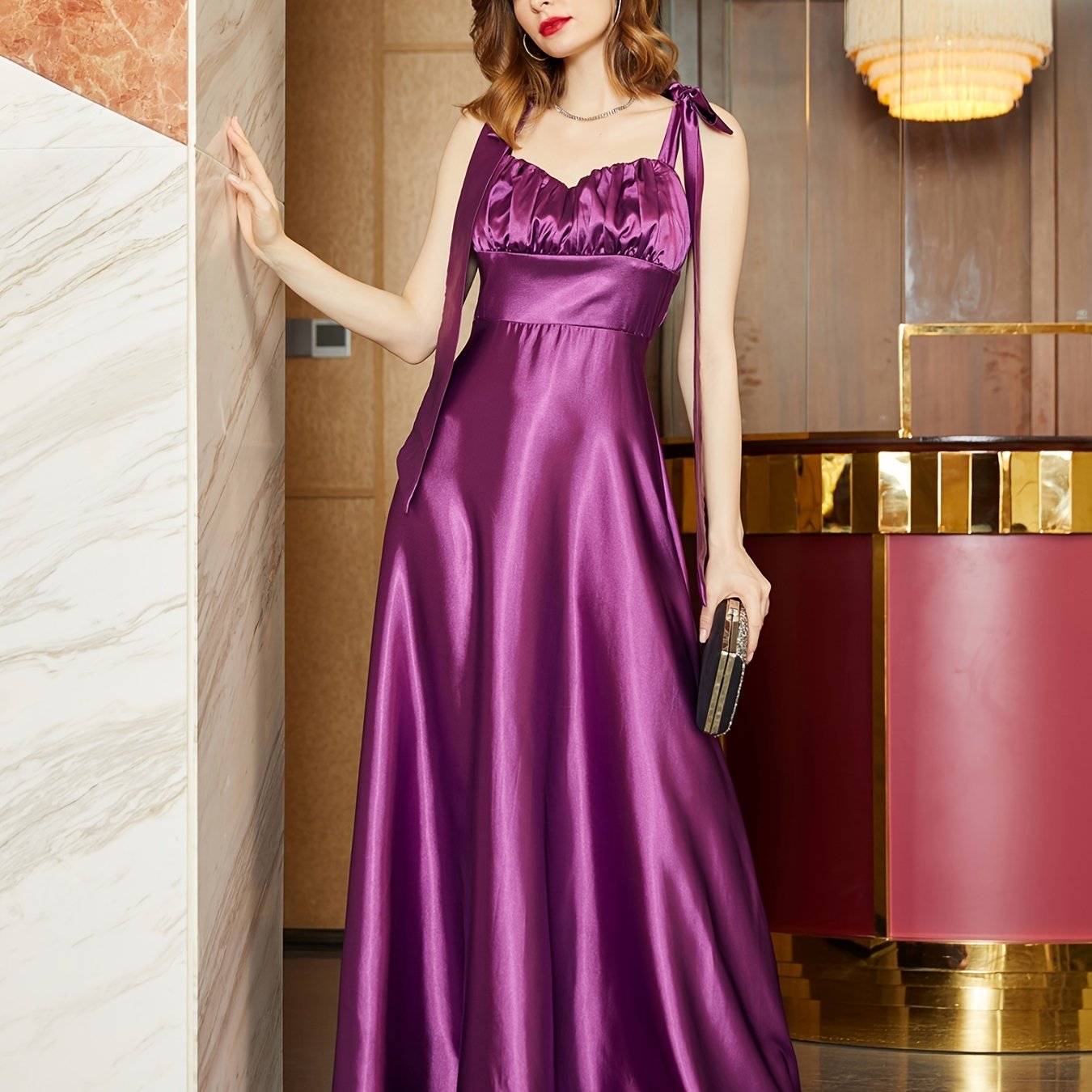 vlovelaw Elegant Satin Backless Bridesmaid Dress, Sleeveless Lace Up Ruched Waist Gowns Dresses For Wedding Party, Women's Clothing