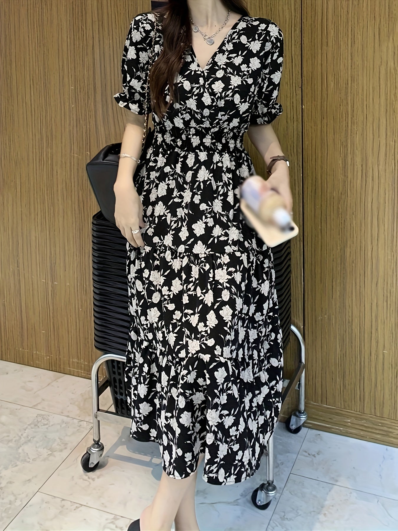 Floral Print V Neck Dress, Casual Puff Sleeve Shirred Waist Dress, Women's Clothing