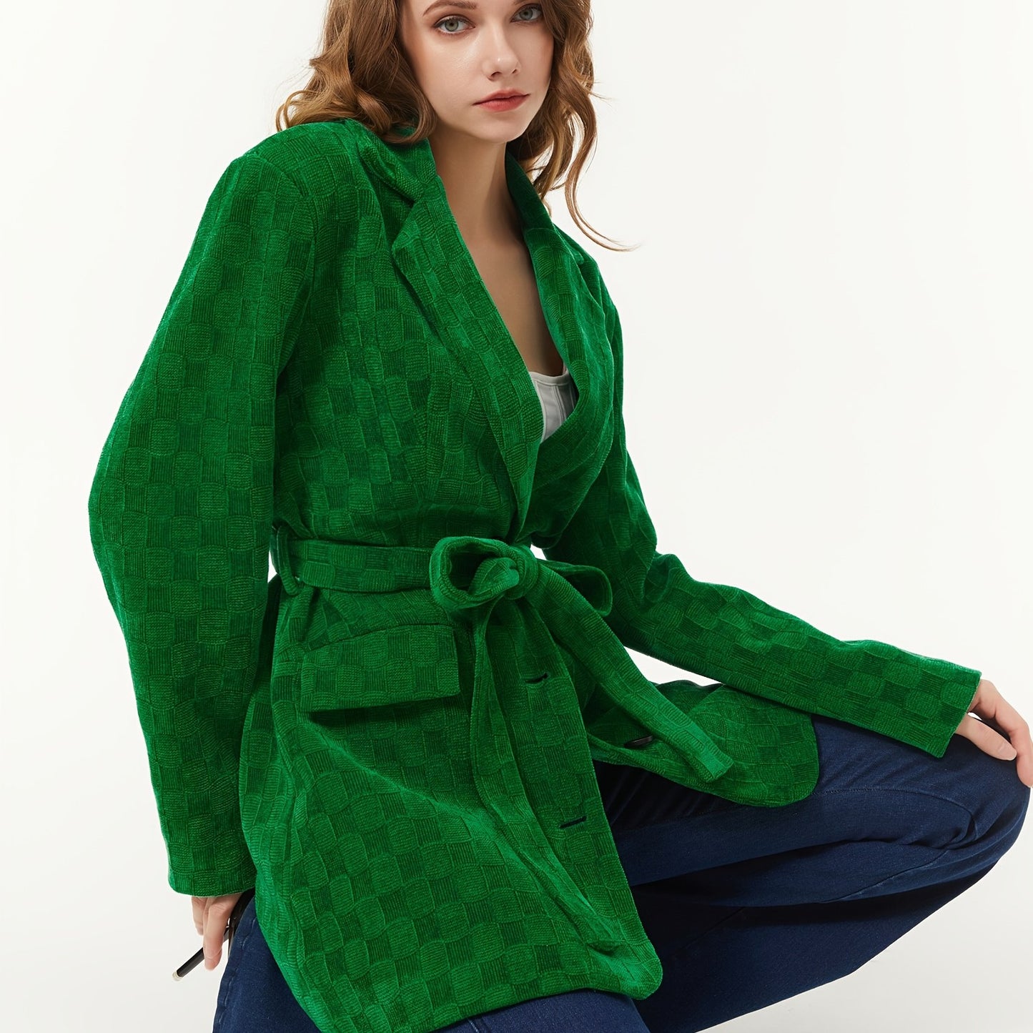 Solid Button Down Belted Blazer, Casual Long Sleeve Lapel Blazer For Fall & Winter, Women's Clothing