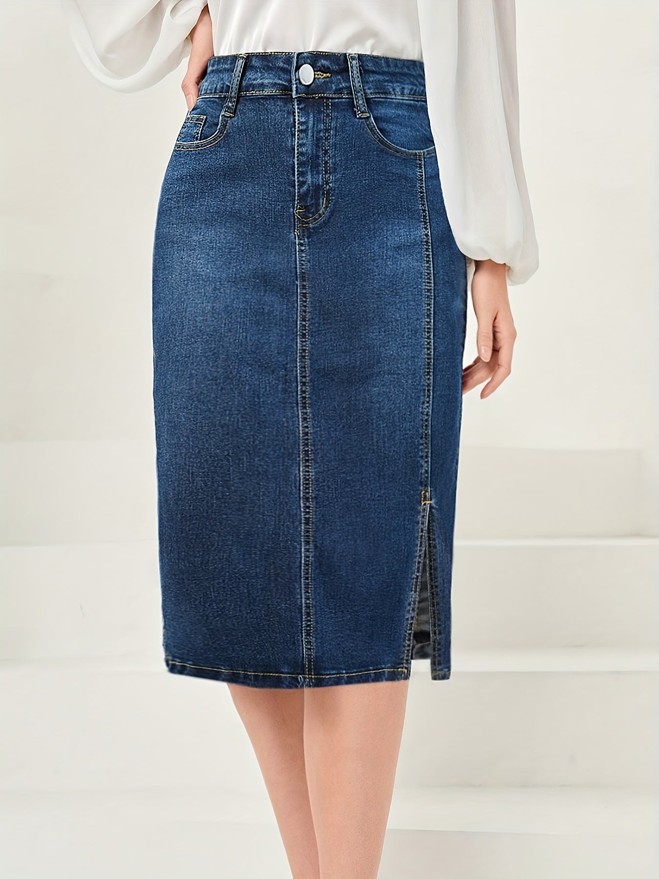 Side Split Vintage Washed Midi Denim Skirt, Zipper Button Closure Solid Color Slash Pocket Denim Skirt, Women's Denim Jeans & Clothing