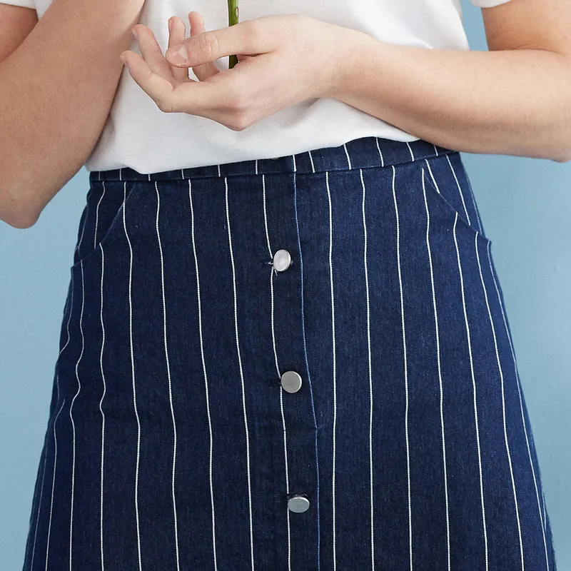 Striped Button Front Bodycon Skirt, Casual High Waist Ruffle Midi Skirt, Women's Clothing