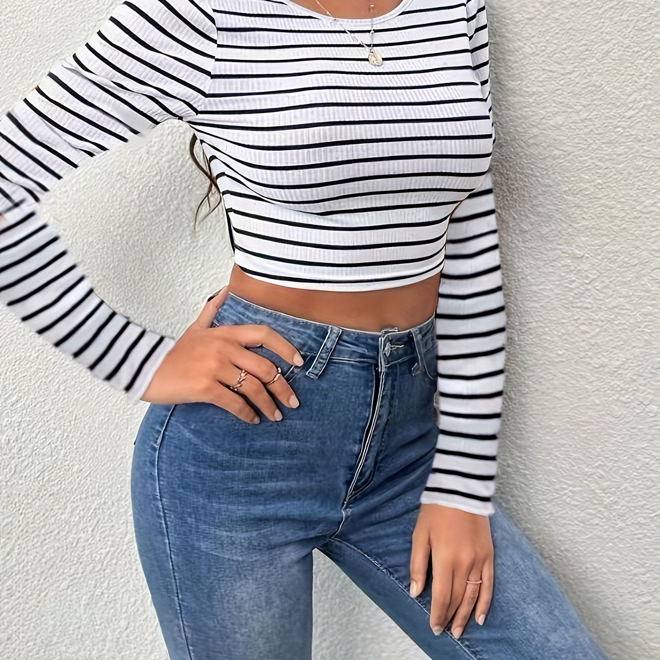 Stripe Print Bow Back Crop T-Shirt, Casual Crew Neck Long Sleeve Top For Spring & Fall, Women's Clothing