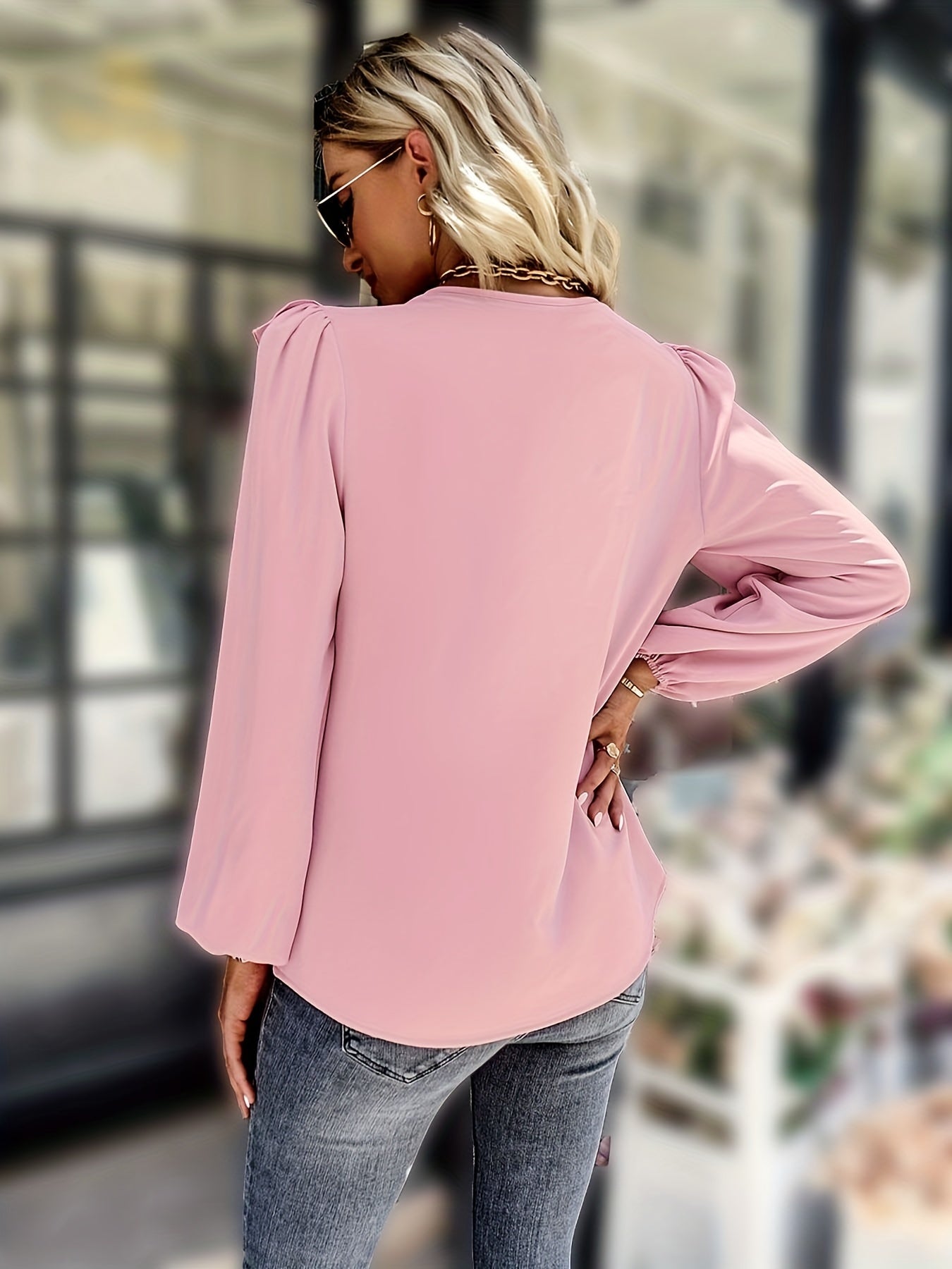 vlovelaw Ruffle Trim Solid Blouse, Elegant V Neck Lantern Sleeve Blouse, Women's Clothing