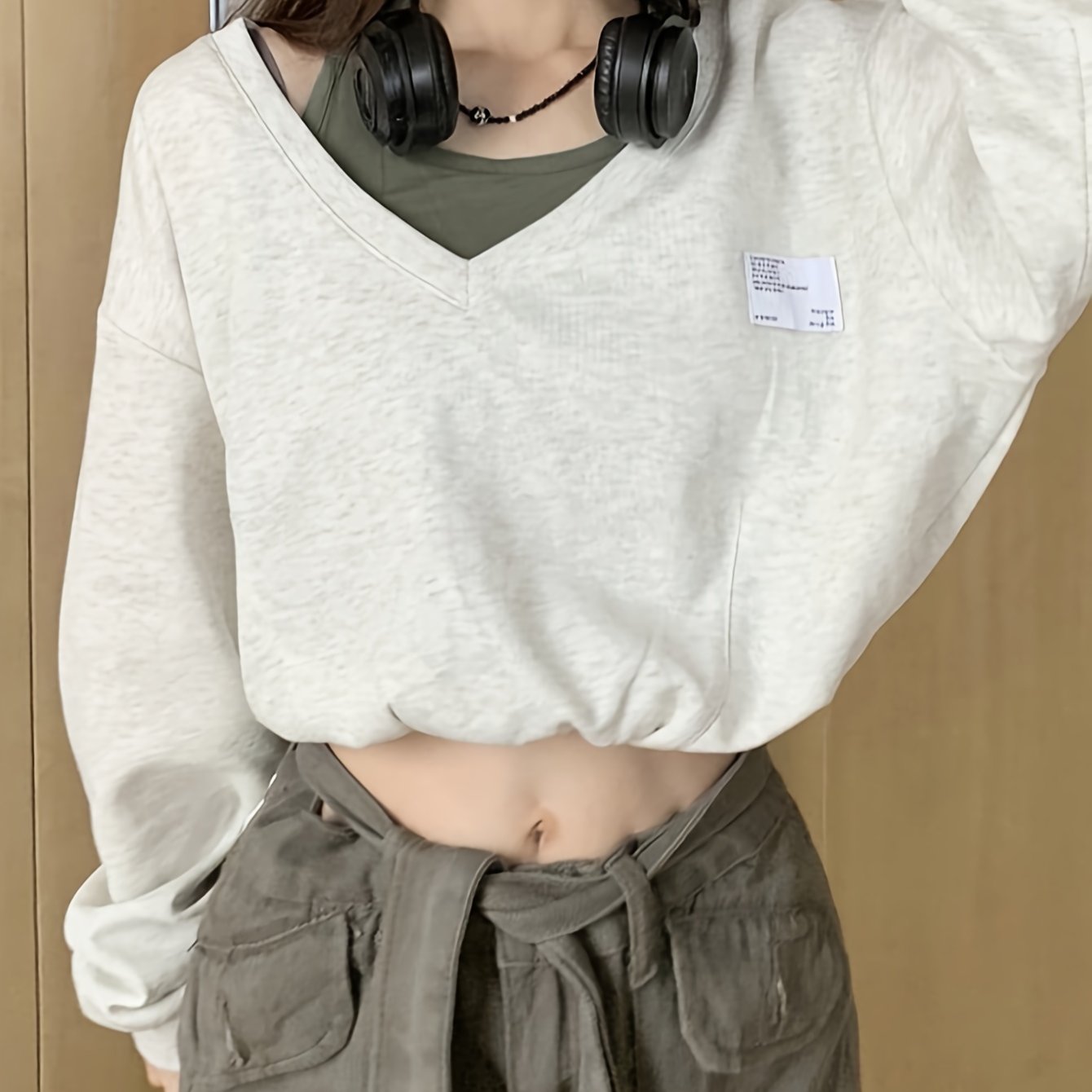 Faux Twinset Patch Pullover Sweatshirt, Casual Long Sleeve Crop Top, Women's Clothing