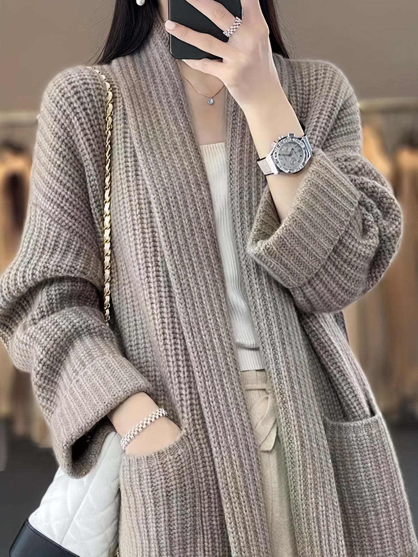 vlovelaw Solid Open Front Knit Cardigan, Casual Long Sleeve Oversized Sweater Coat With Pocket, Women's Clothing