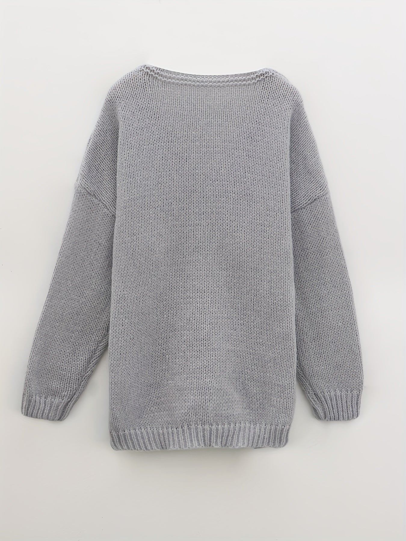 Letter Pattern V Neck Pullover Sweater, Casual Long Sleeve Drop Shoulder Sweater, Women's Clothing