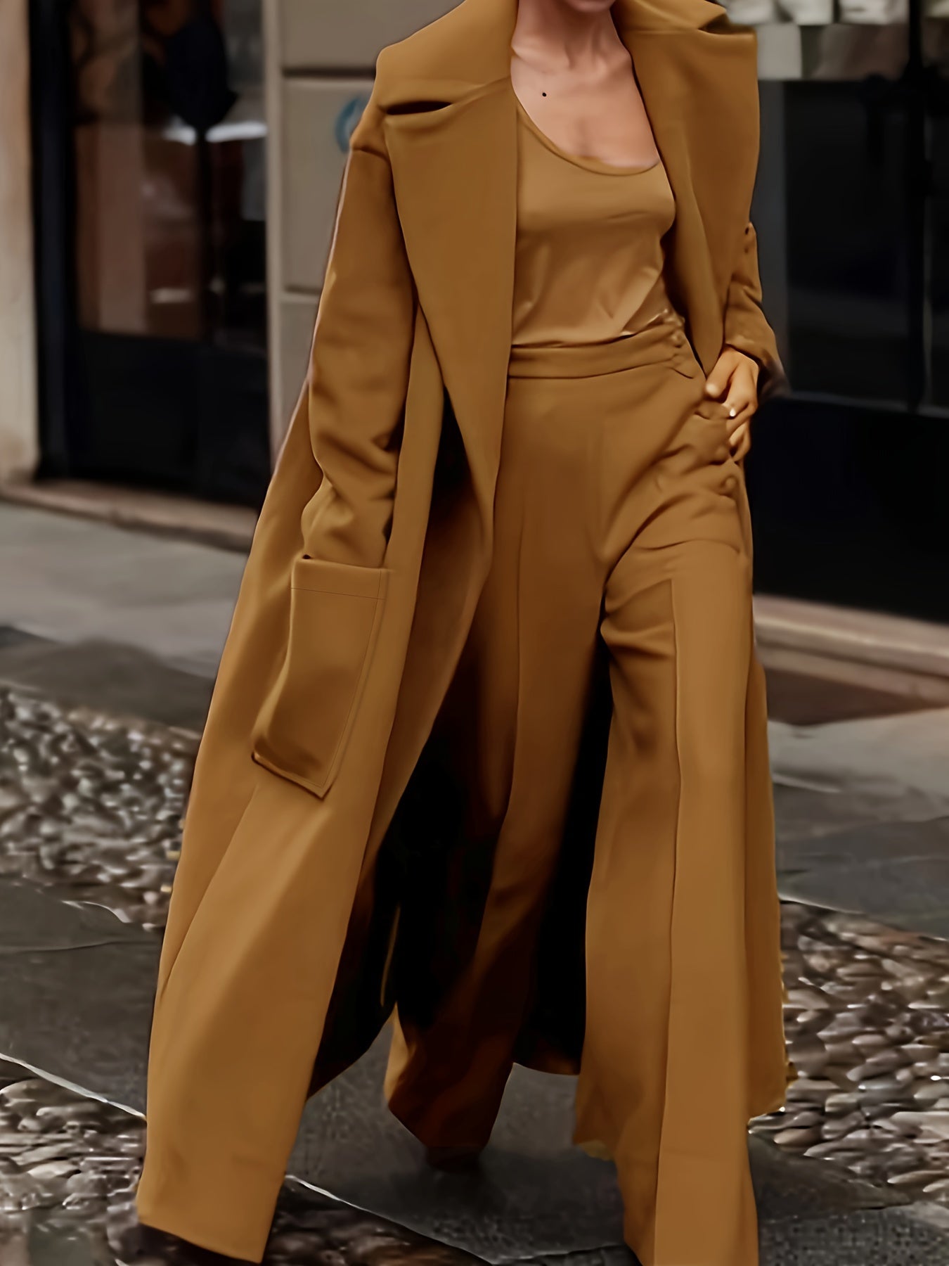 vlovelaw Solid Lapel Pockets Overcoat, Elegant Long Sleeve Maxi Outwear For Fall & Winter, Women's Clothing