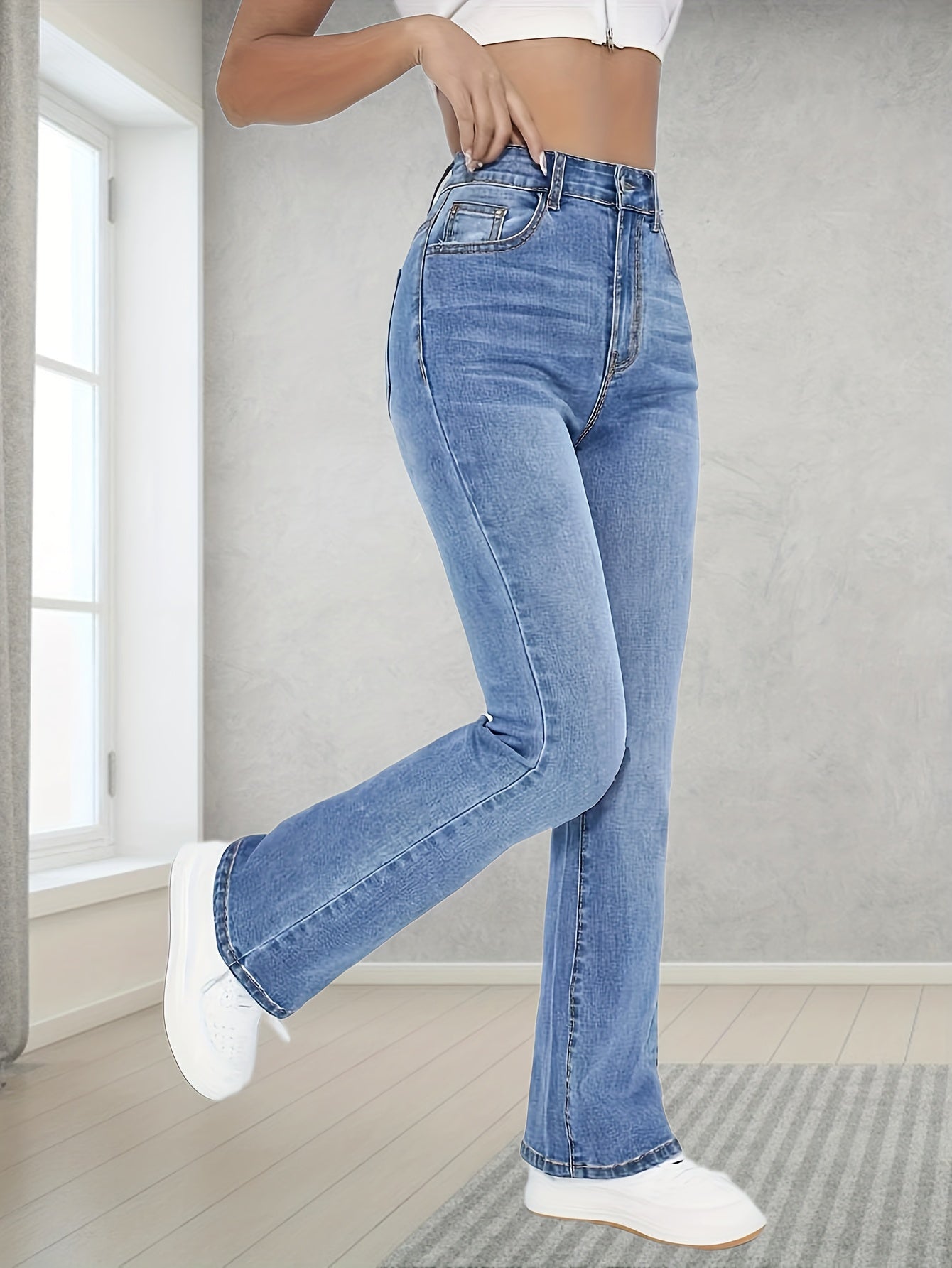 vlovelaw Light Blue Casual Bootcut Jeans, Mid-Stretch Slant Pockets High Waist Denim Pants, Women's Denim Jeans & Clothing