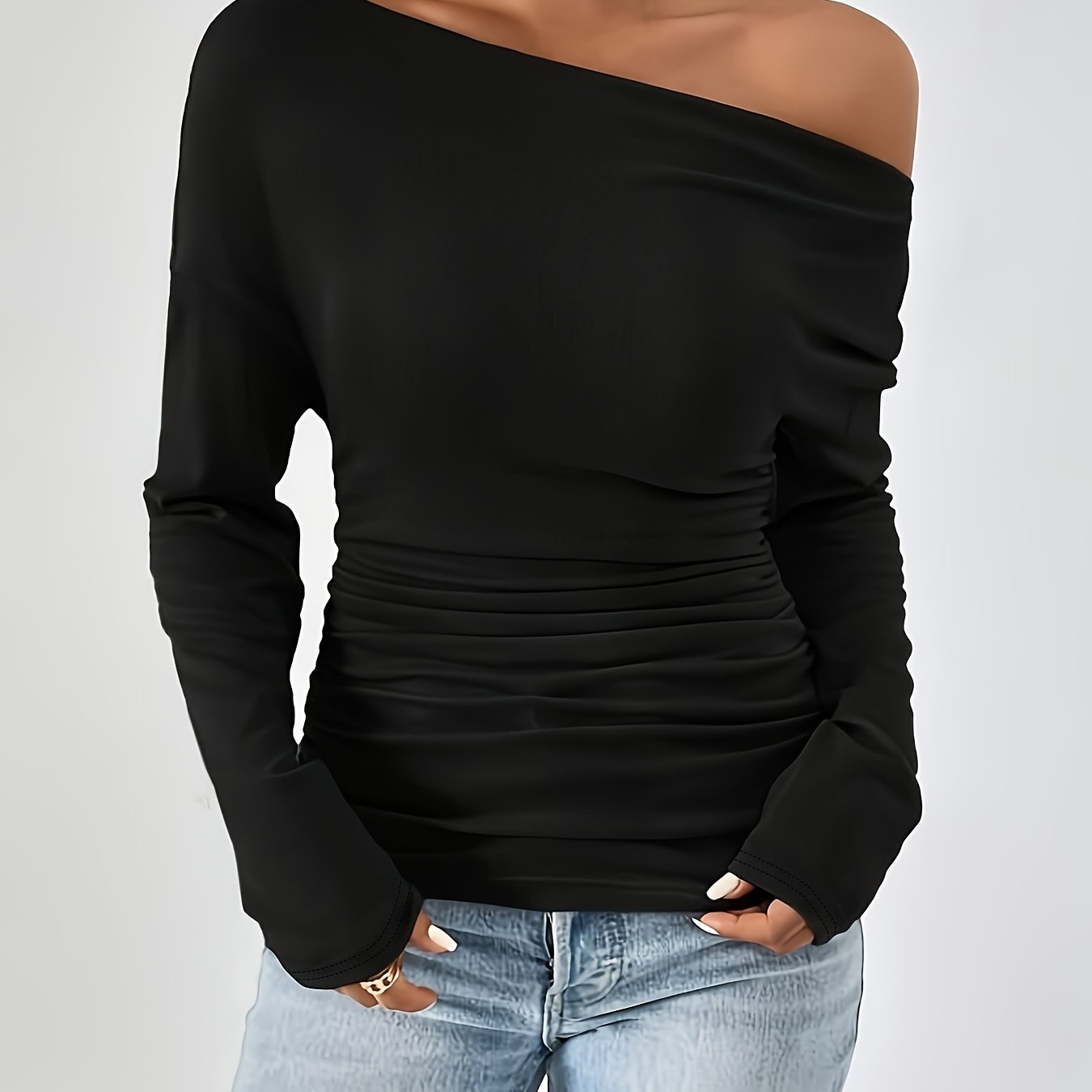 vlovelaw Solid Asymmetrical Neck Ruched T-Shirt, Casual Long Sleeve Top For Spring & Fall, Women's Clothing