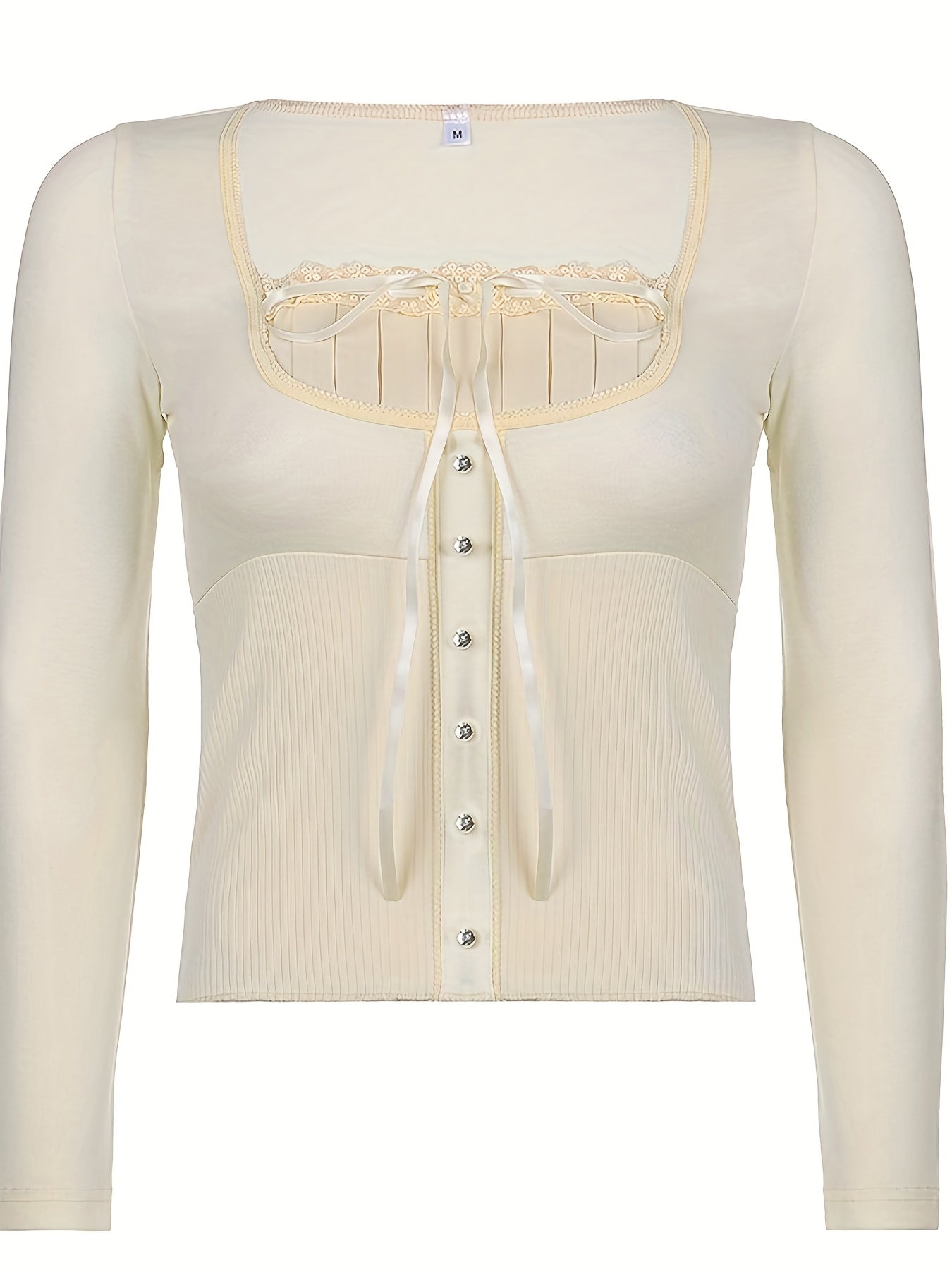 Lace Trim Tie Front Ribbed T-Shirt, Casual Long Sleeve Top For Spring & Fall, Women's Clothing