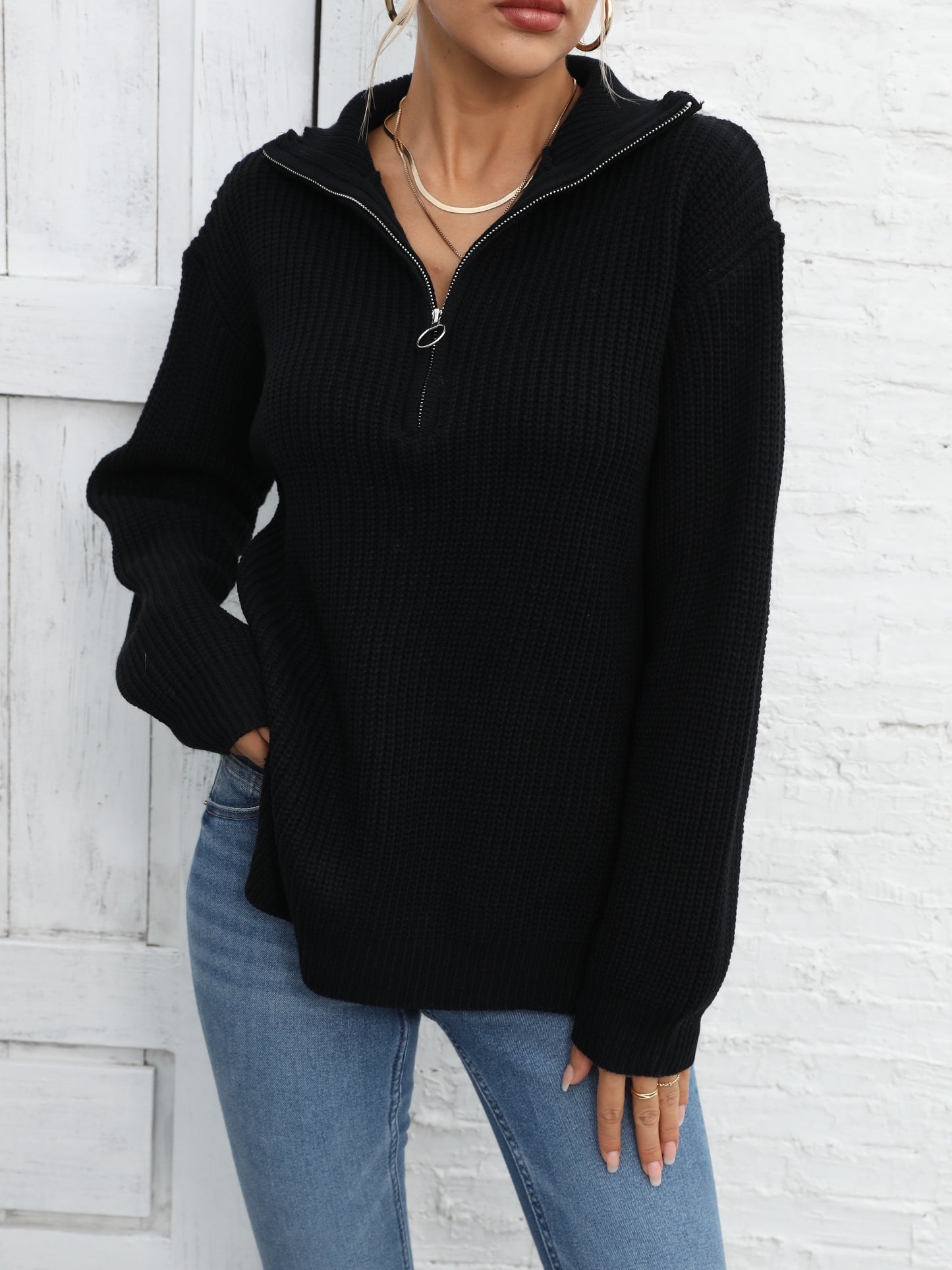vlovelaw Long Sleeve Half Zip Sweater, Side Slit Casual Sweater For Winter & Fall, Women's Clothing
