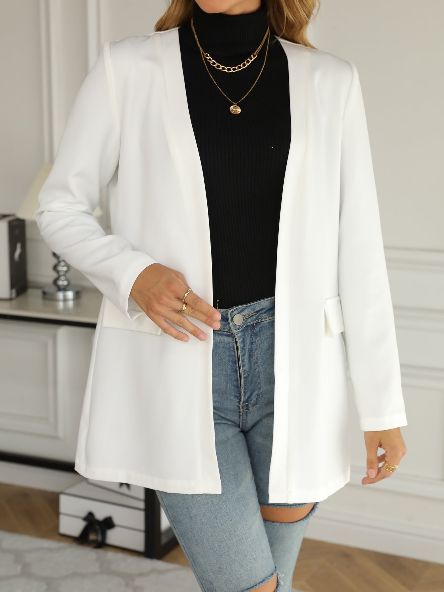 Solid Open Front Blazer, Casual Long Sleeve Work Office Outerwear, Women's Clothing