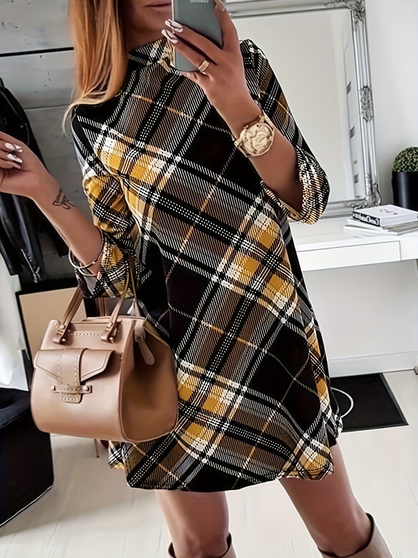 vlovelaw Plaid Mock Neck Dress, Elegant Long Sleeve Dress For Spring & Fall, Women's Clothing