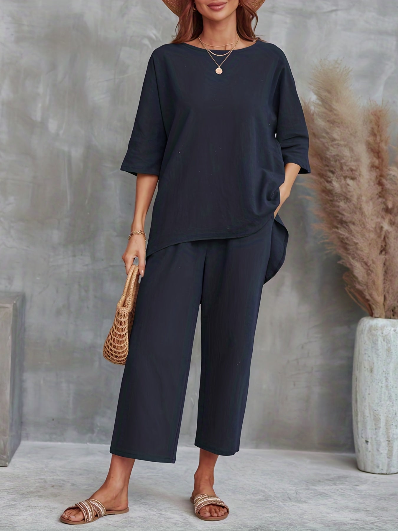 vlovelaw Solid Casual Two-piece Set, Crew Neck Half Sleeve Tee & Wide Leg Pants Outfits, Women's Clothing