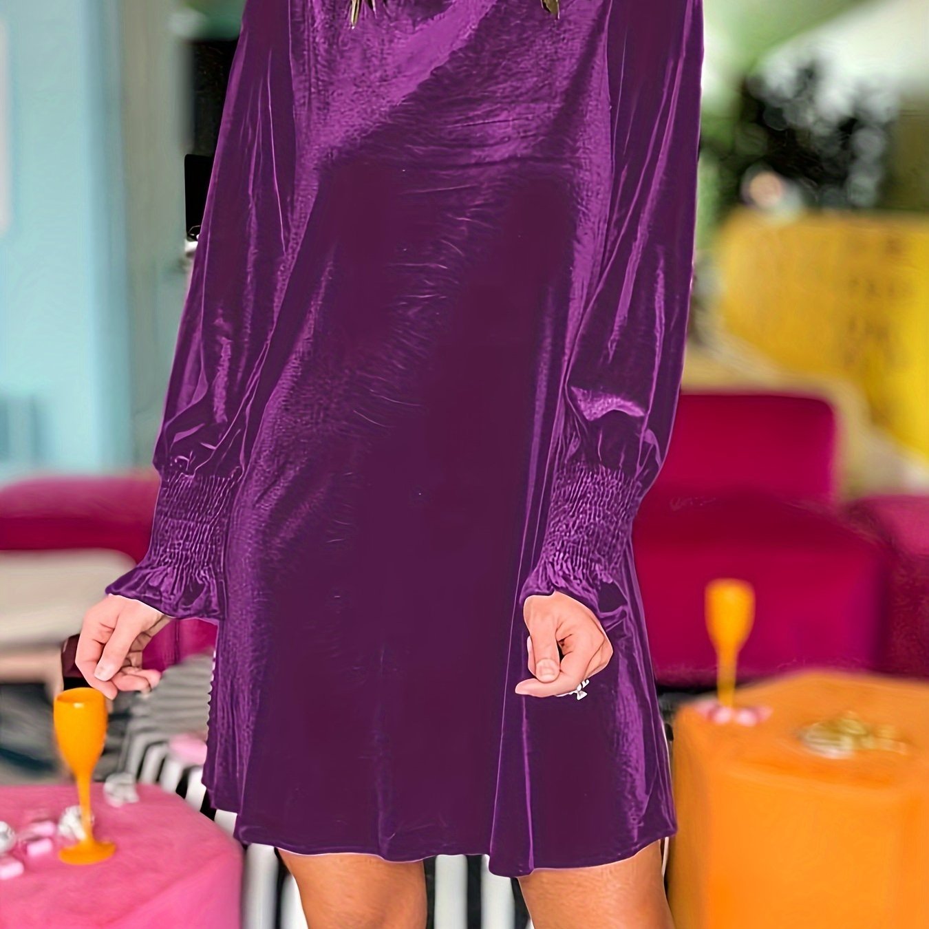 vlovelaw Plus Size Casual Dress, Women's Plus Solid Lantern Sleeve Round Neck Slight Stretch Mini Dress