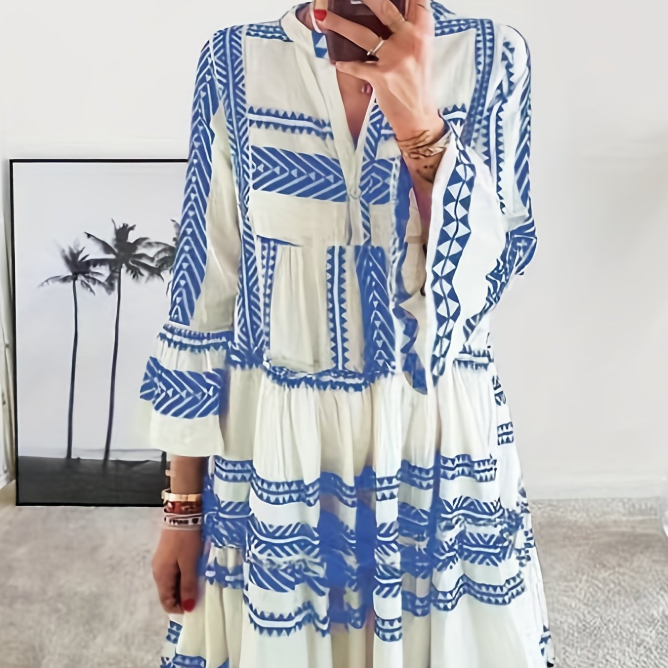 vlovelaw Tribal Print Dress, Vacation Pleated Flared Sleeve Dress, Women's Clothing