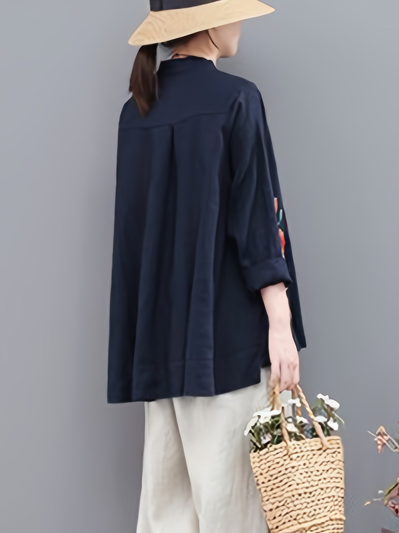 Chinese Retro Embroidered T-Shirt, Long Sleeve Button Up High Neck Casual Top For Spring & Summer, Women's Clothing